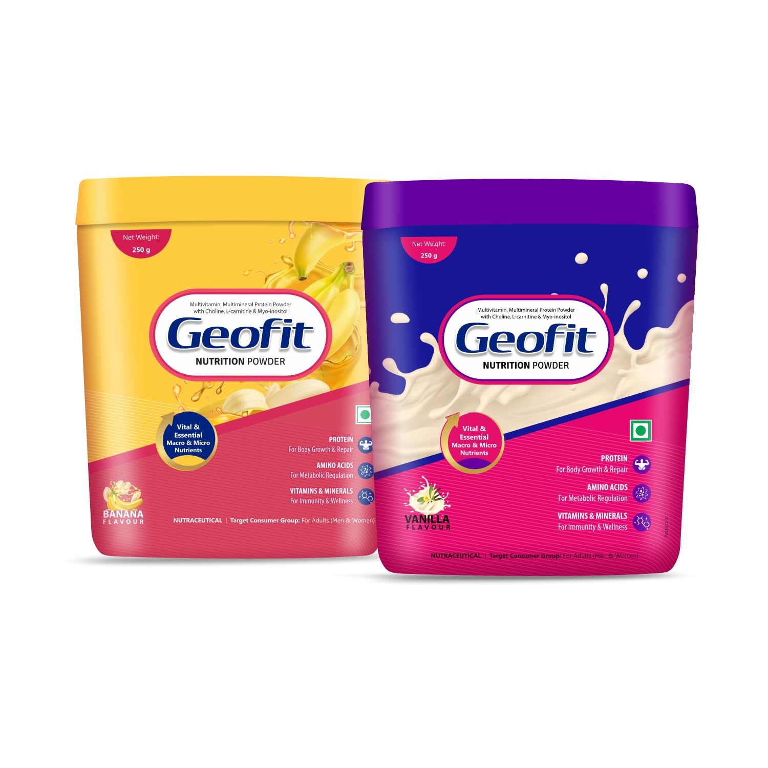 Geofit Protein Powder Enriched with Nutrients | Multivitamins & Multimineral Like Vitamin E & C Helps In Muscle Maintenance & Immunity 250g Pack of 2 - Combo (Banana + Vanilla Flavor) (B08R6J7JJF) Amazon Price History, Amazon Price Tracker