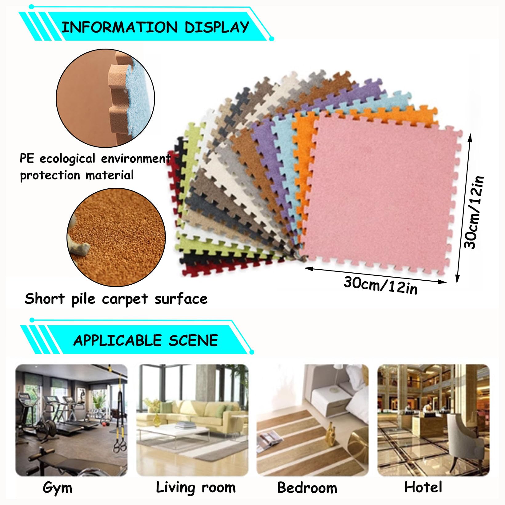 Generisch 12er-Pack ineinandergreifende Schaumstoff-Teppichfliesen, waschbares 12x12 Zoll großes Plüsch-Puzzlematten-Set, weiche Eva-Spielmatte für Kinder, Bodenteppich in Beige, Grau und Hellbraun