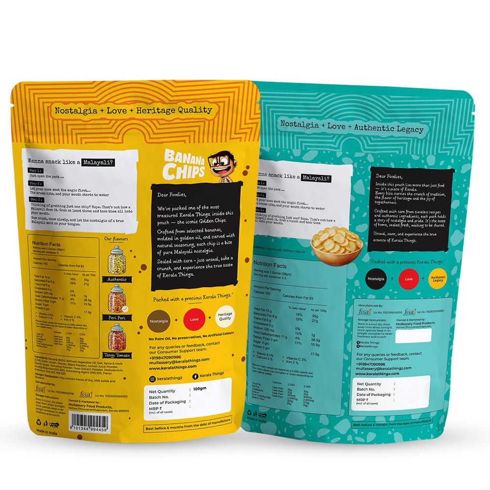 Kerala Thingz Peri Peri Banana Chips (100g) + Tapioca Chips (80g) | Combo 180g | Traditional Kerala Snack | Premium, Crunchy & Healthy | No Palm Oil, No Preservatives, Gluten Free, No Added Sugar, No Artificial Colours