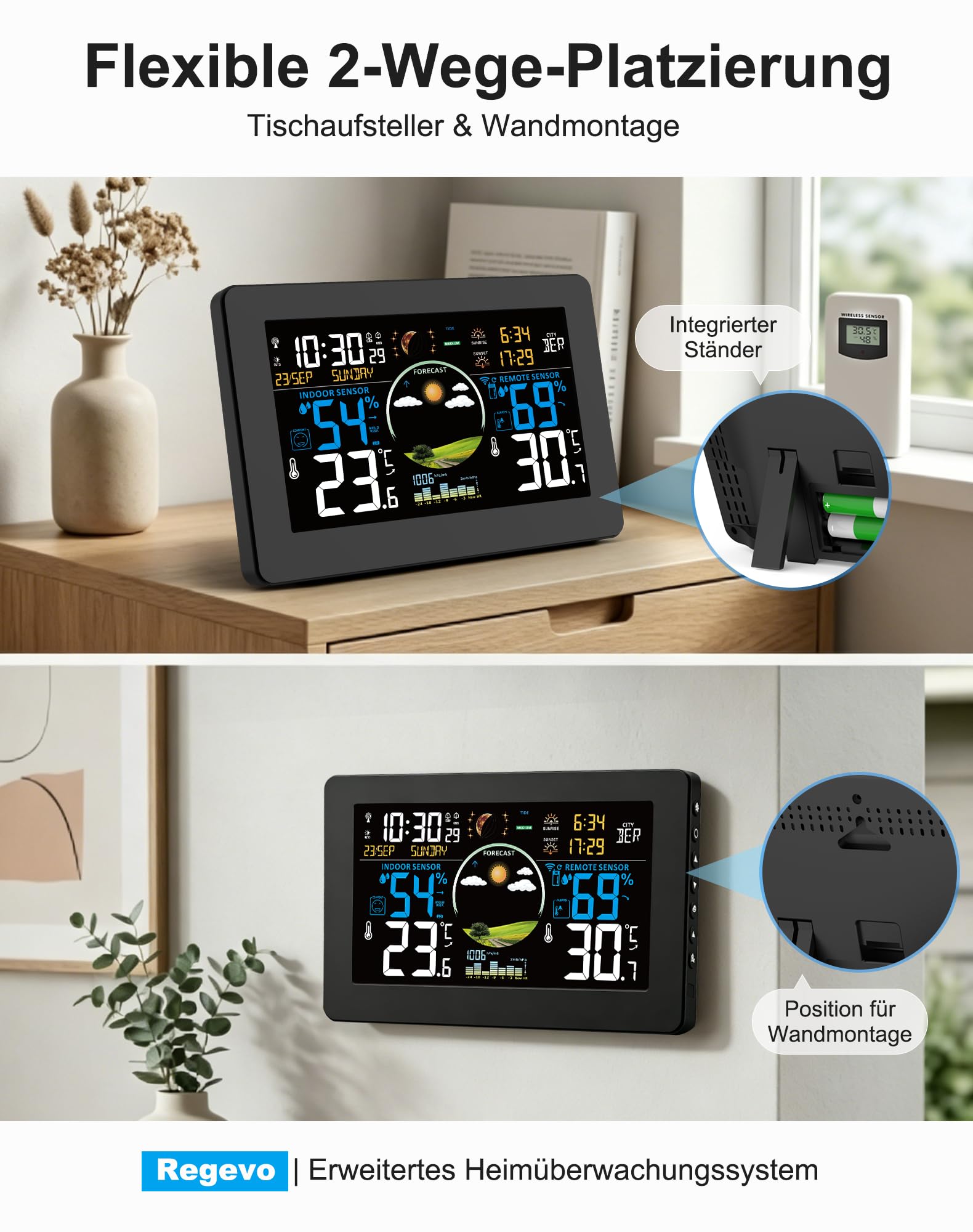 VIFLYKOO Wetterstation Funk mit Außensensor, Thermometer & Hygrometer, Wettervorhersage, Luftdruck, DCF Funkuhr, VA-Display, Batterie- & Netzbetrieb, für Innen & Außen, Schwarz