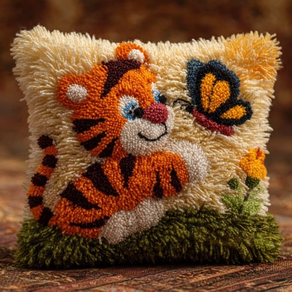 AxiangziK Latch Hook Pillow Craft Kit,The Little Tiger and the Butterfly