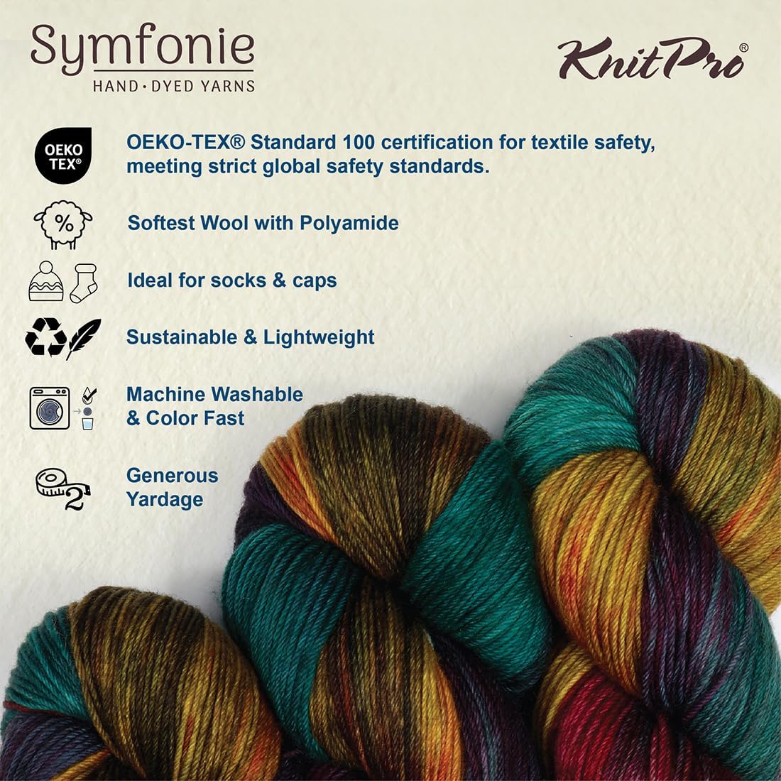 KnitPro Symfonie Fingering Weight Hand Dyed Variegated Yarn Skein | Extra Fine Merino Wool & Polyamide Blend for Knitting & Crocheting, Oeko-TEX Certified 400m, 100g | Terra Harvest Vine