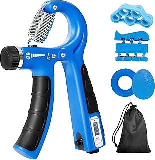 5Pack Hand Grips Strengthener Kit with Counter, 11-132 Lbs Adjustable Resistance Forearm Trainer Workout, Finger Exerciser, Finger Stretcher, Grip Ring & Stress Relief Grip Ball- Blue