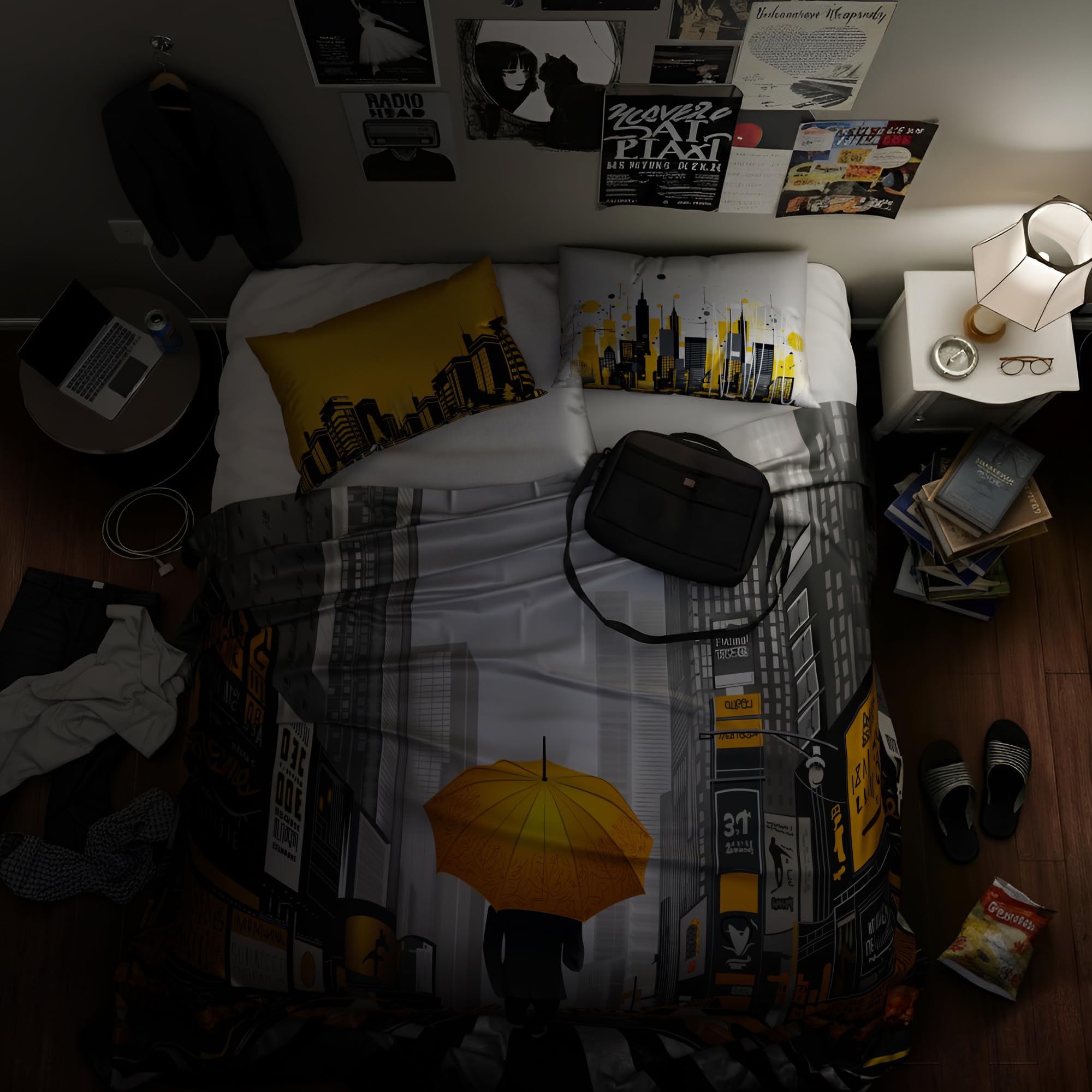 Satin Bedsheets for King Size Bed with Pillow Covers, 300TC Quirky Graphic Printed Premium Bedding Set, Ultra Soft, Lightweight, Durable, Easy Care, Big Apple Energy - Black, Yellow, Grey-picture-27