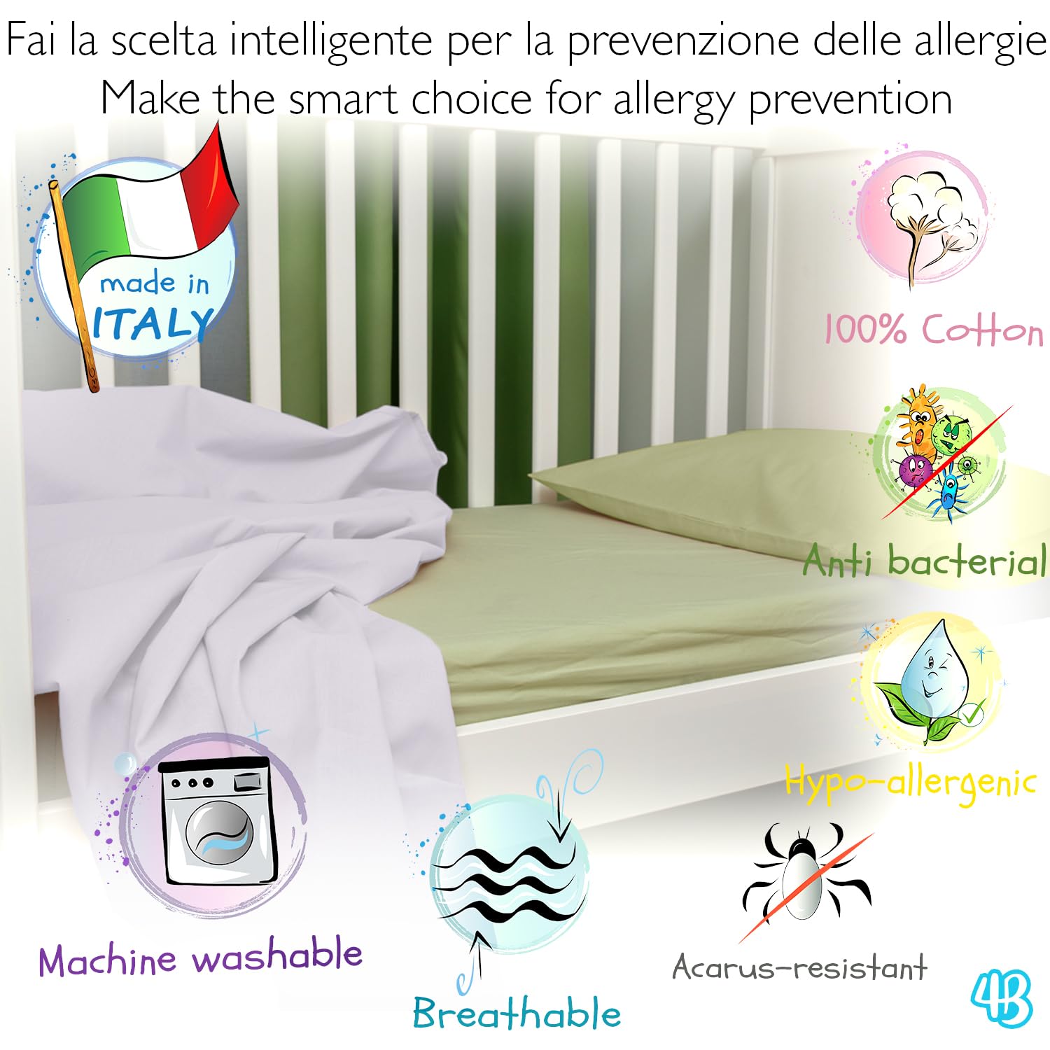 4BABIES - Lenzuolo sopra per culla - Lenzuolino lettino con sbarre - Biancheria da letto per bambini in 100% Cotone Made in Italy certificato OEKO-TEX - Bianco