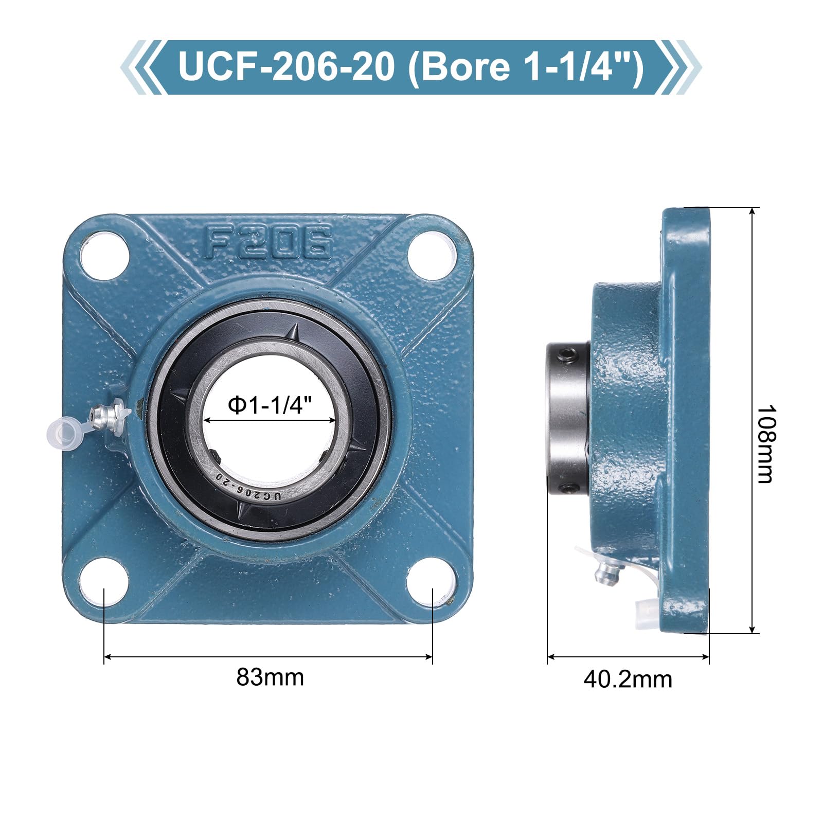 QUARKZMAN 2 Piezas UCF-206-20 Rodamientos De Soporte Con 1-1/4 Pulgada De Diámetro Interno Unidades De Rodamientos De Acero Cromado Autocentrantes Montaje En Flange Cuadrado Con 4 Tornillos