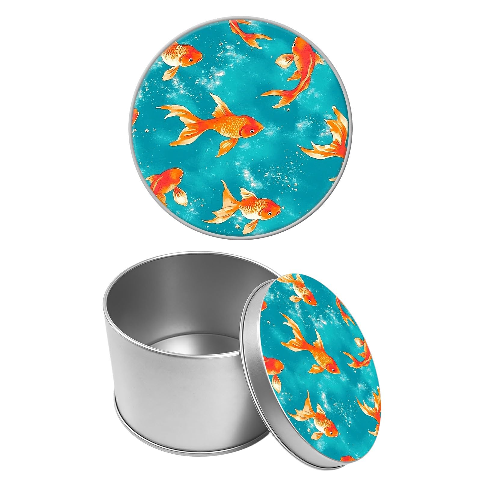 Round Metal Tin Container with Removable Lid, Goldfish Durable Metal Storage Box for Cookies Spices Tea Candies Cakes Jewelry Cosmetics 3.54 x 2.36 inch– Single Pack