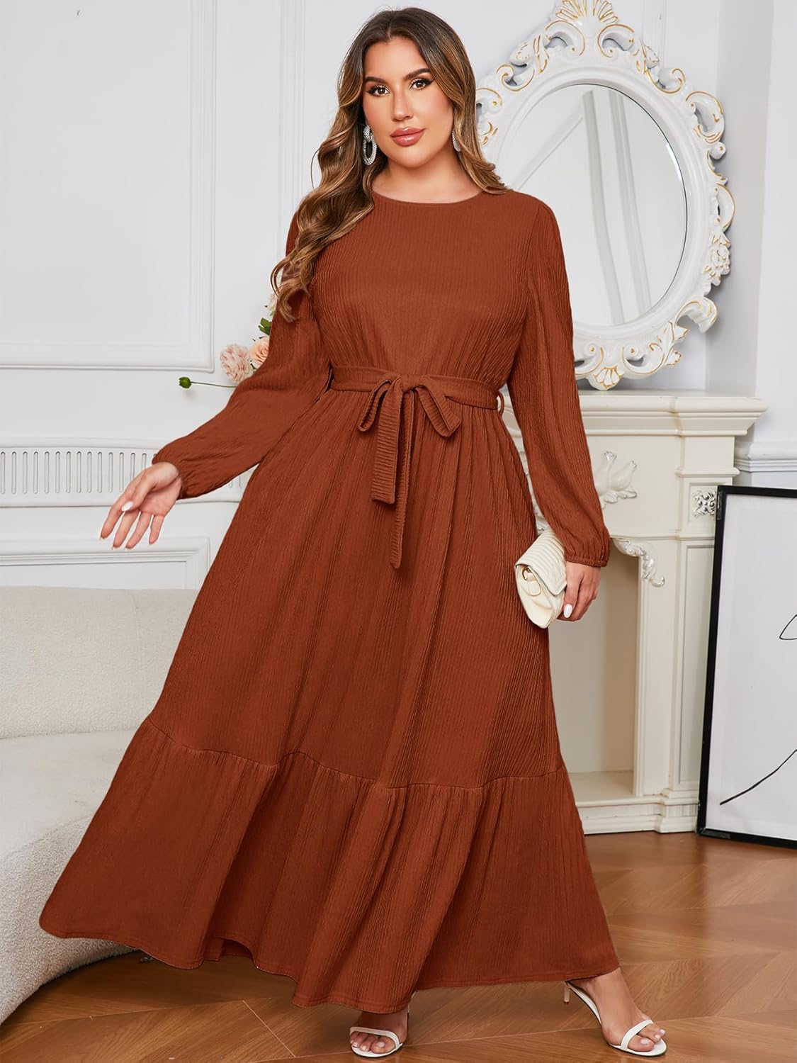 ZOMVA Plus Size Maxi Dress A Line Crew Neck Long Sleeve Elegant Casual Flowy Tiered Dresses with Pockets and Belt - Image 4
