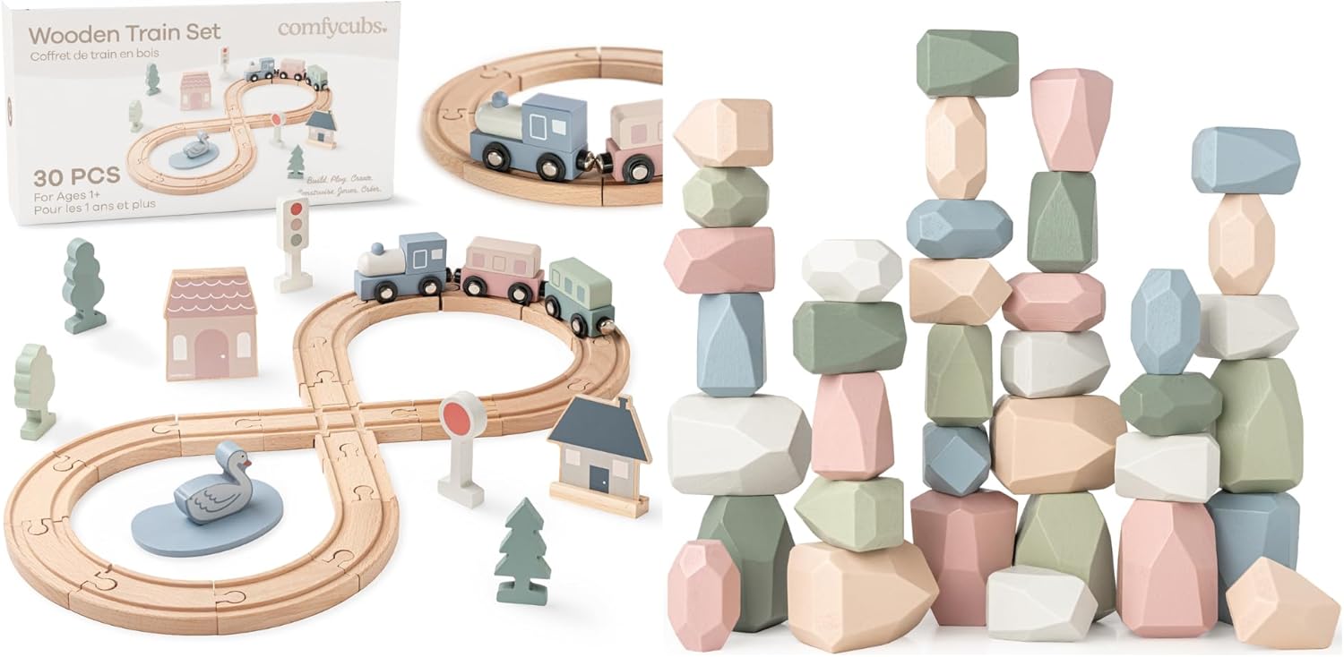 30-Piece Wooden Train Set and Stacking Rocks 36 Pieces Bundled by Comfy Cubs