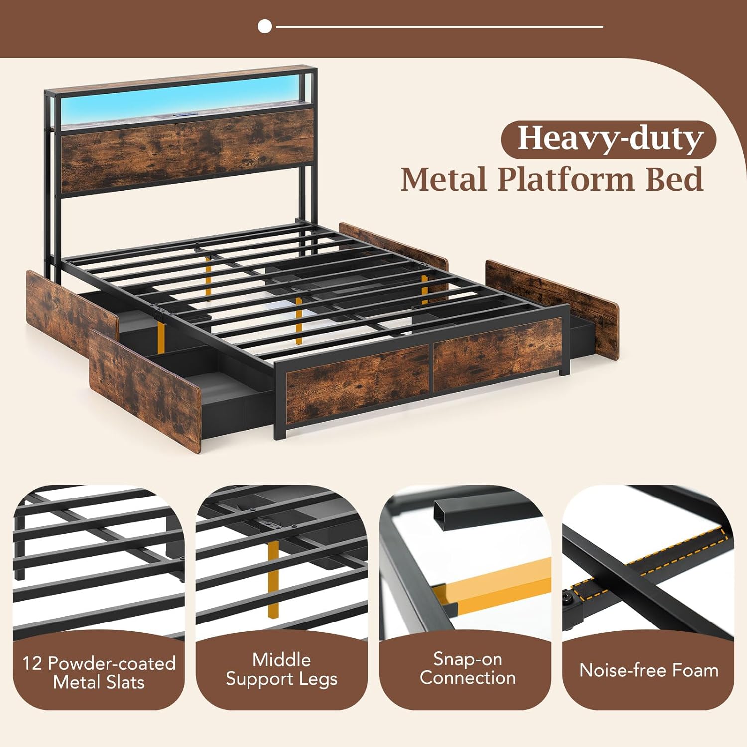 Giantex Full Size LED Bed Frame with Charging Station & 4 Storage Drawers, Heavy Duty Metal Platform Bed with 2-Tier Storage Headboard, Noise Free, No Box Spring Needed, Rustic Brown