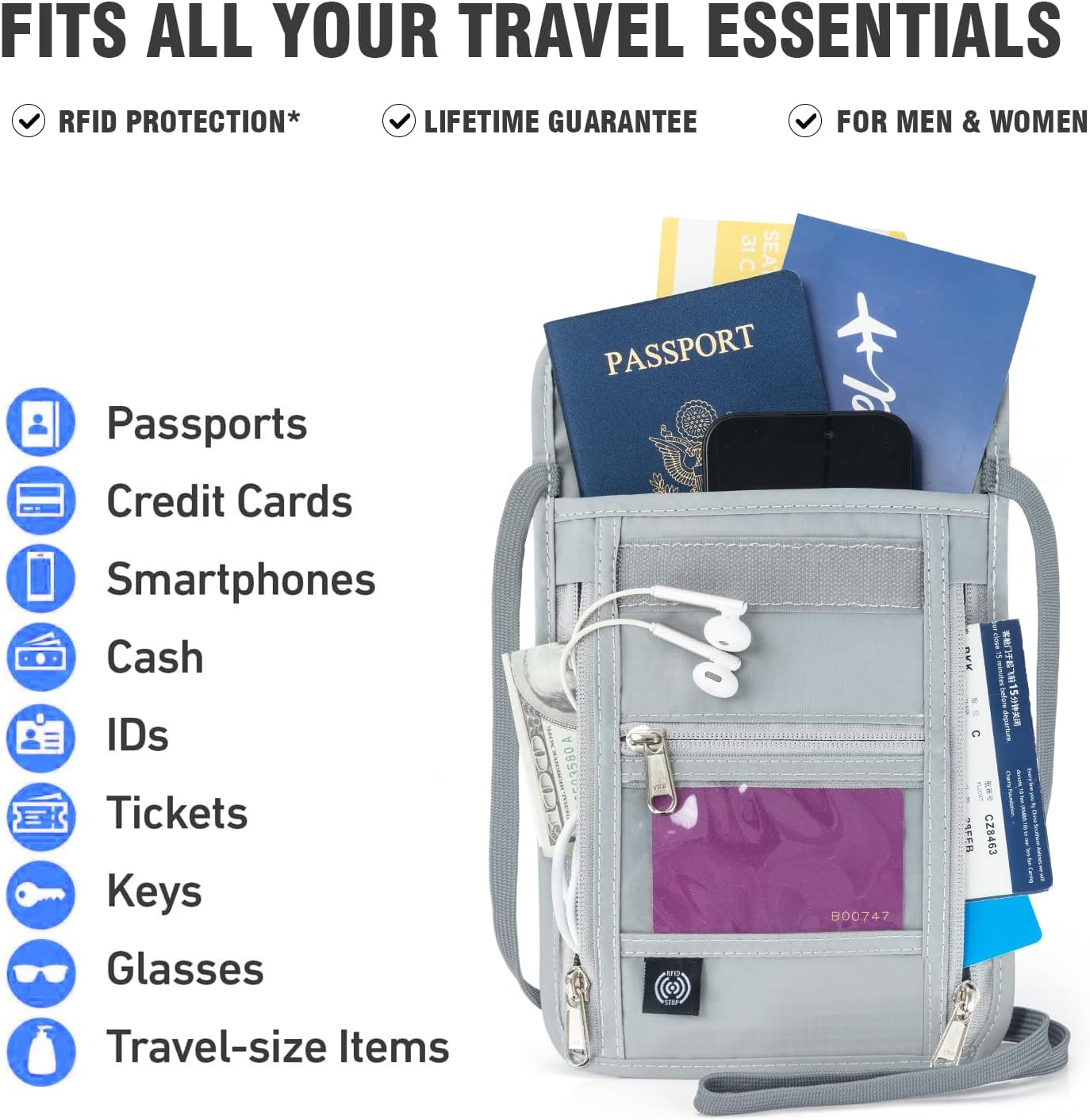 Voyager Neck Wallet – RFID Blocking Passport Holder for Travel, Slim Lightweight Hidden Neck Pouch with 5 Compartments, Adjustable 22” Strap,Splash-Resistant Travel Wallet for Cash, Cards & ID - Image 2