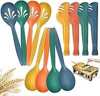 RayPard Reusable Wheat Straw Serving Utensils Set of 12 - 10" Spoons & 9.4" Tongs for Parties, Buffets, Catering (Multi-Color)