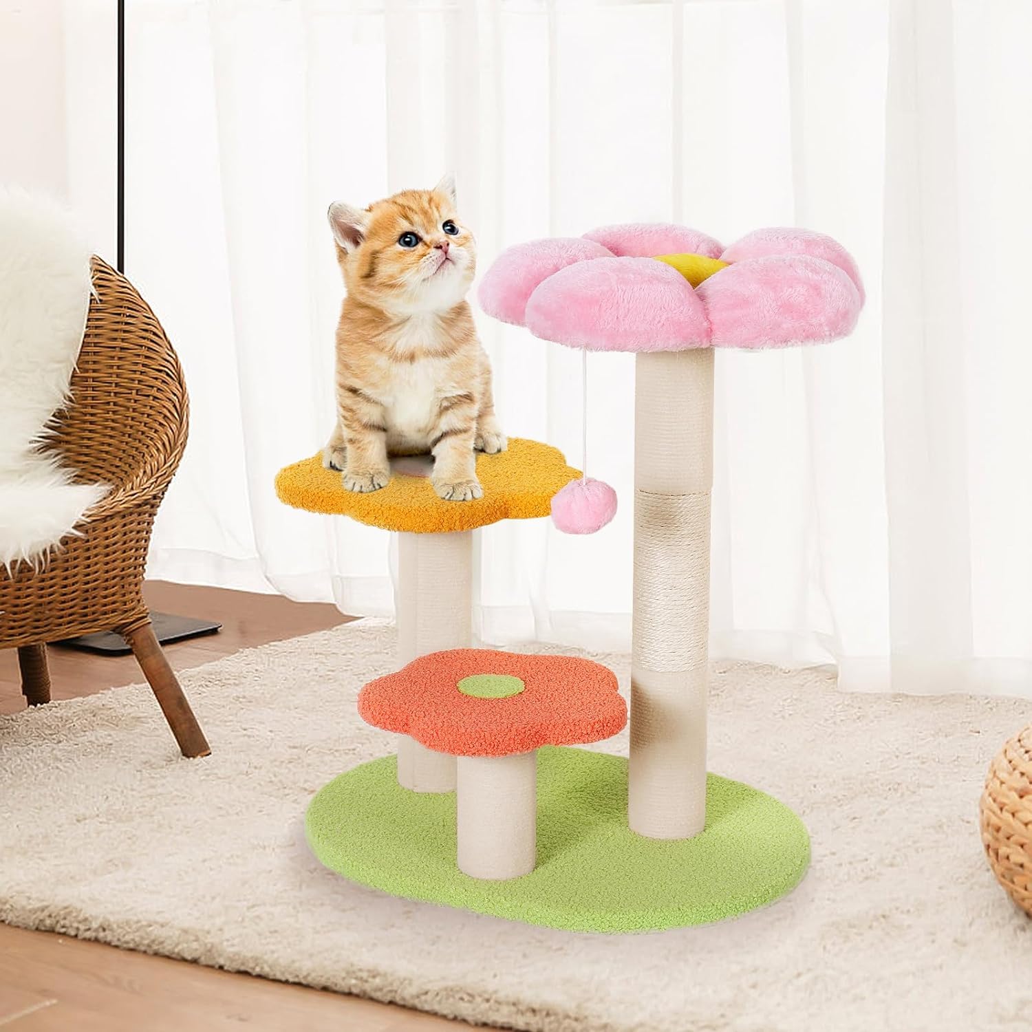 Albero per Gatti da Interno Esterno Tiragraffi per Gatti con Fiori E Tiragraffi per Gatti da Interni con 3 Trespoli in Peluche E Palla Sospesa(19.3 * 14.2 * 22.8in)