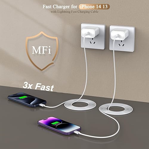 Miniatura 2 de [Certificado MFi de Apple] Cargador rápido para iPhone de 10 pies, cargador de Apple extra largo de carga rápida, paquete de 2, bloque de cargador