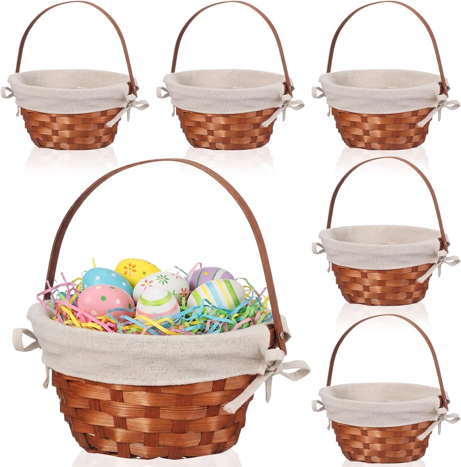6 Pcs Easter Woven Basket with Liner and Handle Easter Bamboo Gifts Basket for Egg Hunt Bunny Party Favors Gifts Supplies Decor