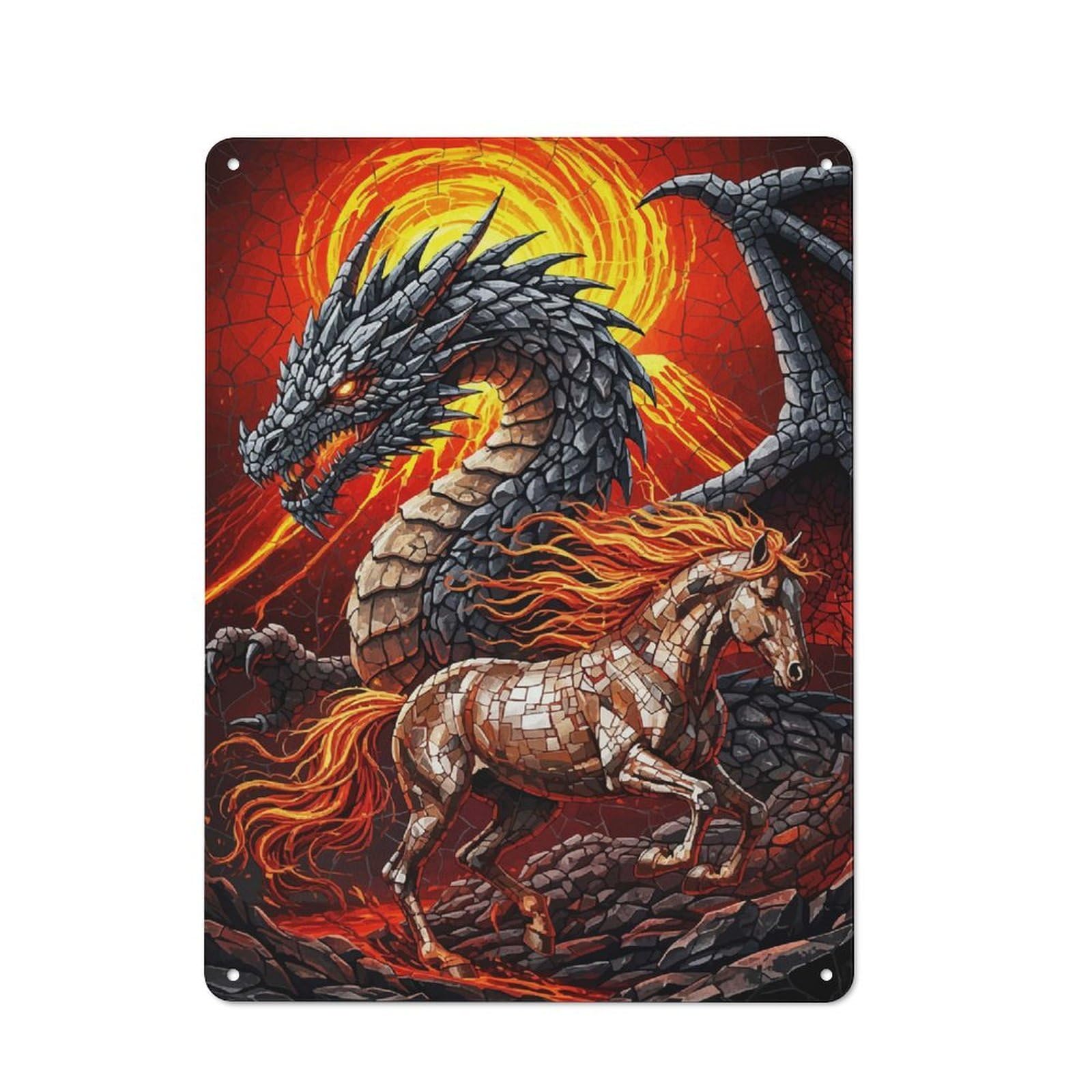 Junmoney Style-11 Dragon And Horse Fiery Landscape Vintage Tin Sign 40X30cm For Pub Or Café, For Everyday Room Decor With A Vintage Look