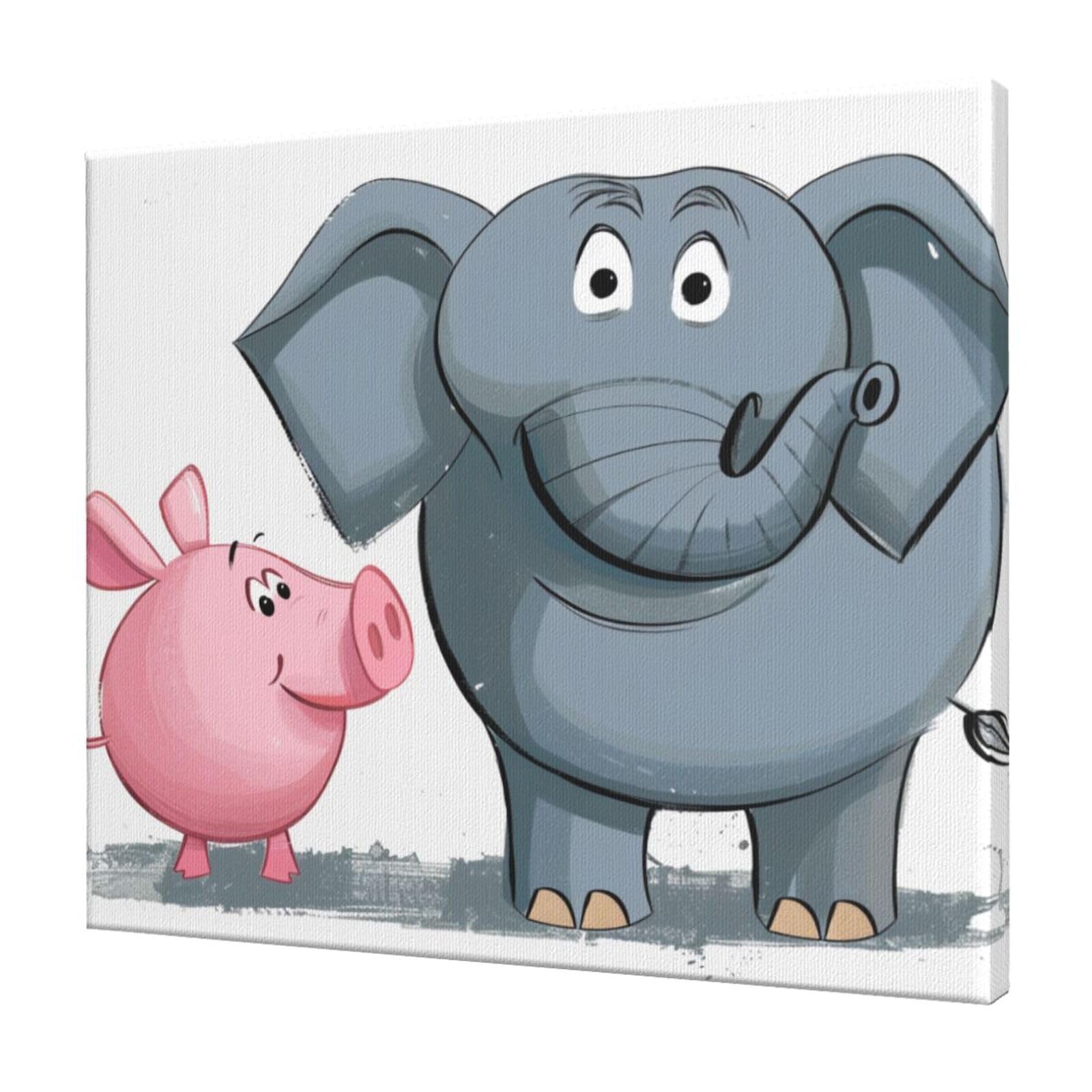 YKLJG Elephant and Piggie Printed Wall Art Canvas Prints 60x50 CM Wooden Framed Picture Painting Artwork for Bedroom Kitchen Home Office Decor