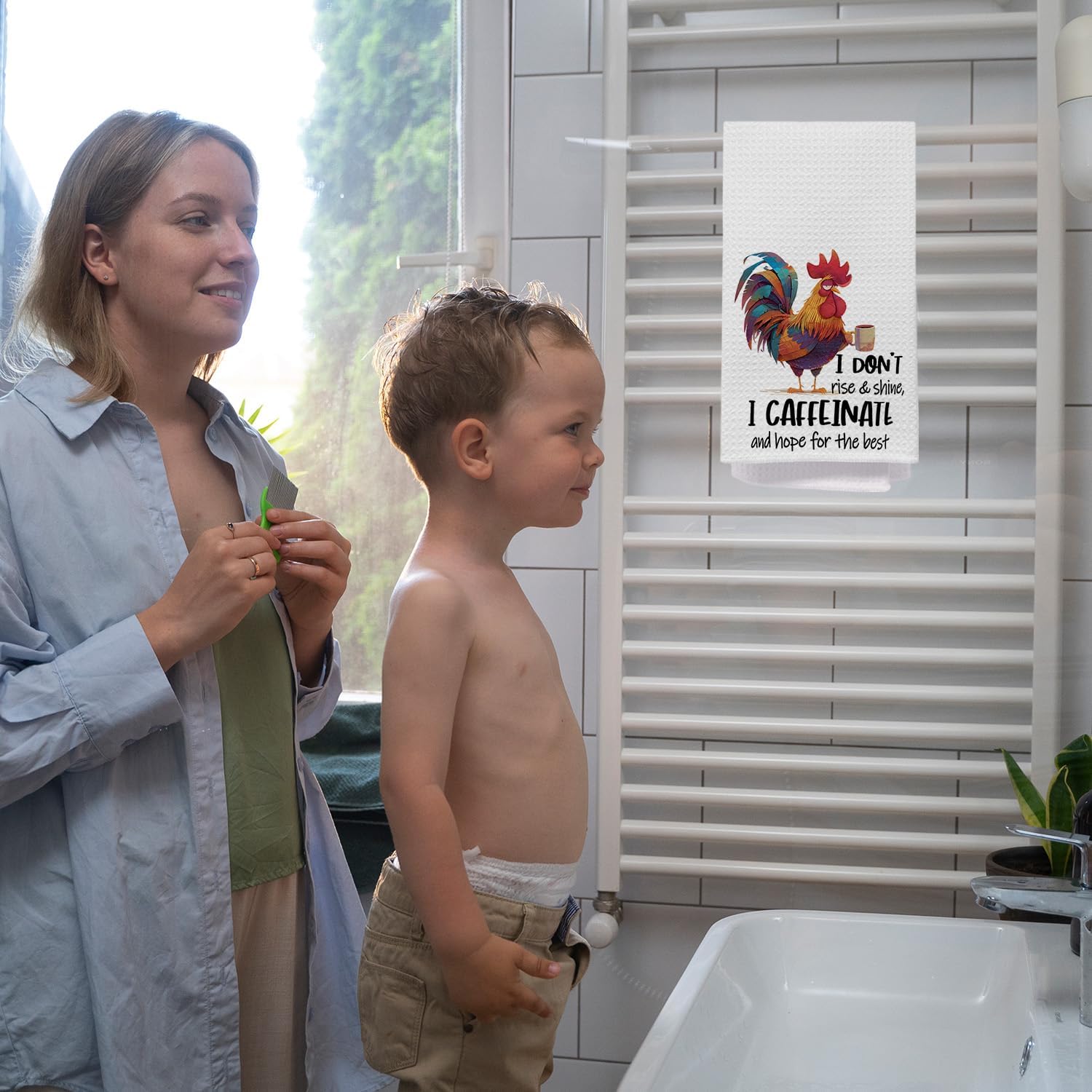 Sarcastic Chicken Kitchen Towels, Chicken Lovers Gifts Dish Tea Towels for Kitchen, I Don't Rise and Shine I Caffeinate Funny Rooster Decorative Hand Towel for Bathroom, 16x24 Inch - Image 3