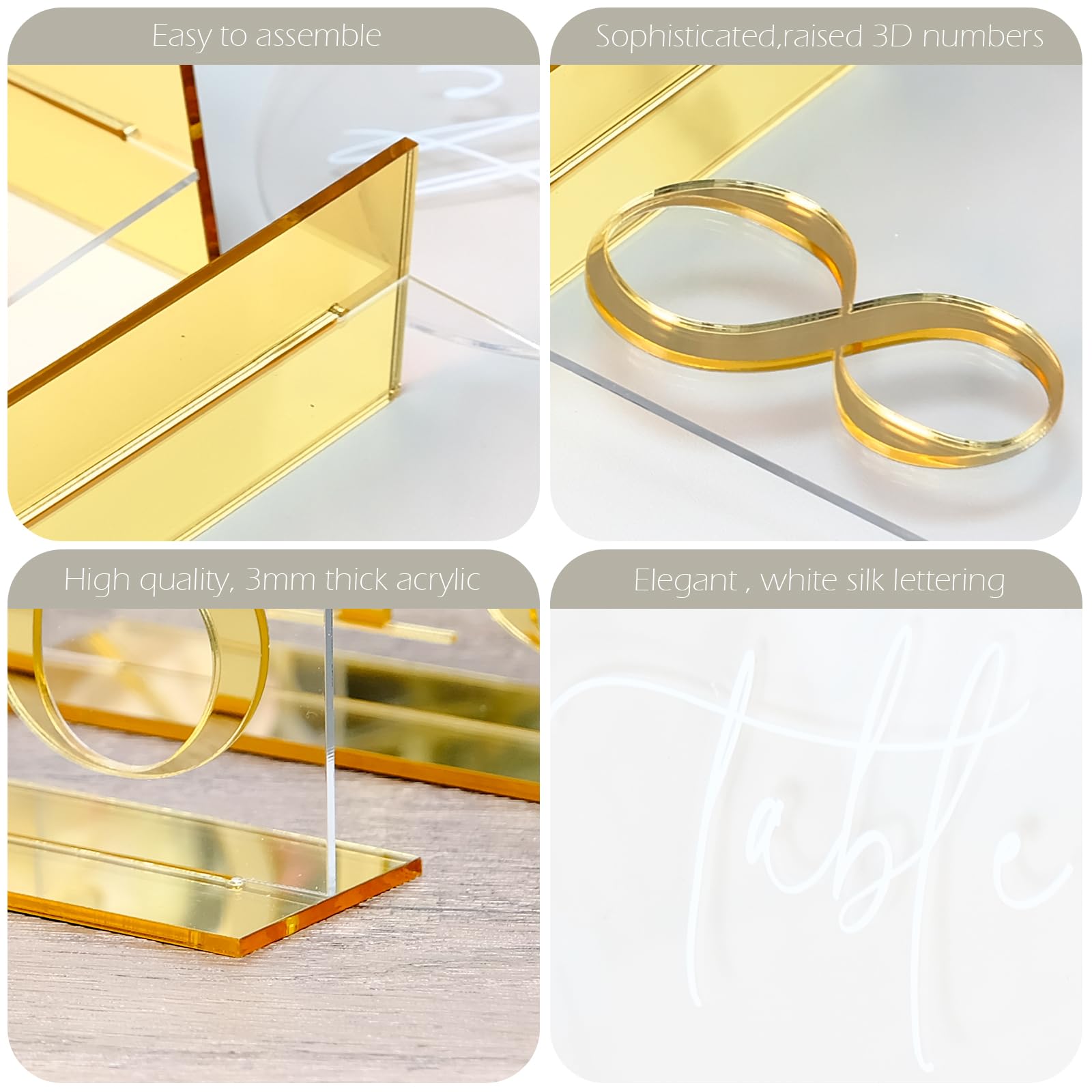 HOODO Transparente Tischnummern 1-15 mit Ständer, gewölbte Acrylschilder mit goldfarbenen Spiegelnummern, klare und goldene Acryl-Tischnummern für Hochzeitsempfang, Party, Jahrestag, Event, 12,7 x