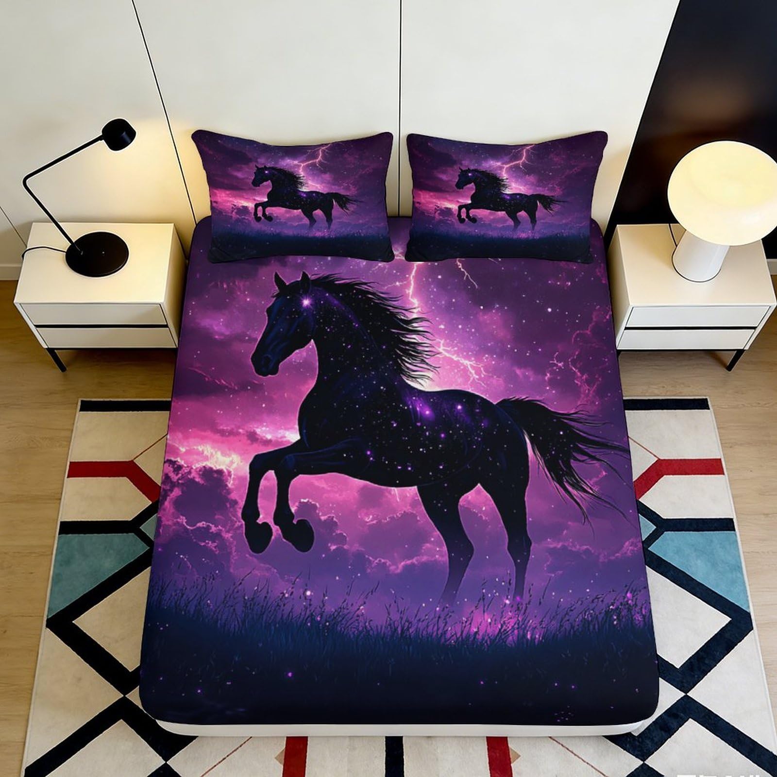 3D Printed Galaxy Starry Sky Fitted Sheet Microfiber Soft Purple Cosmic Nebula Mattress Cover for Bedroom Dorm 180x200x25cm