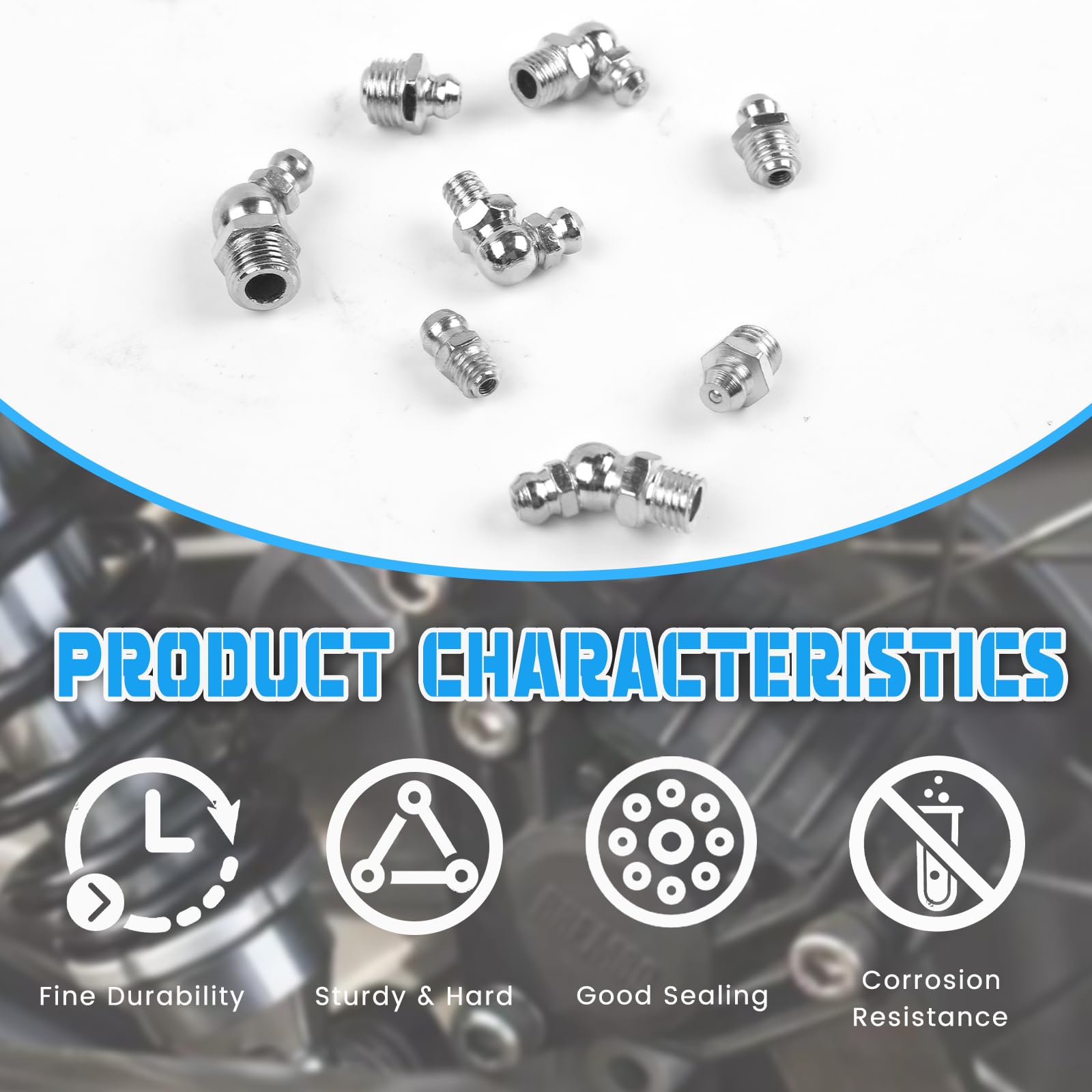 Produktbild von Hydraulik-Fettnippel-Set 50 Stück – 1/4 & 1/8 Zoll, 45°/90°/180° Winkel Im Aufbewahrungskoffer (Karbonstahl)