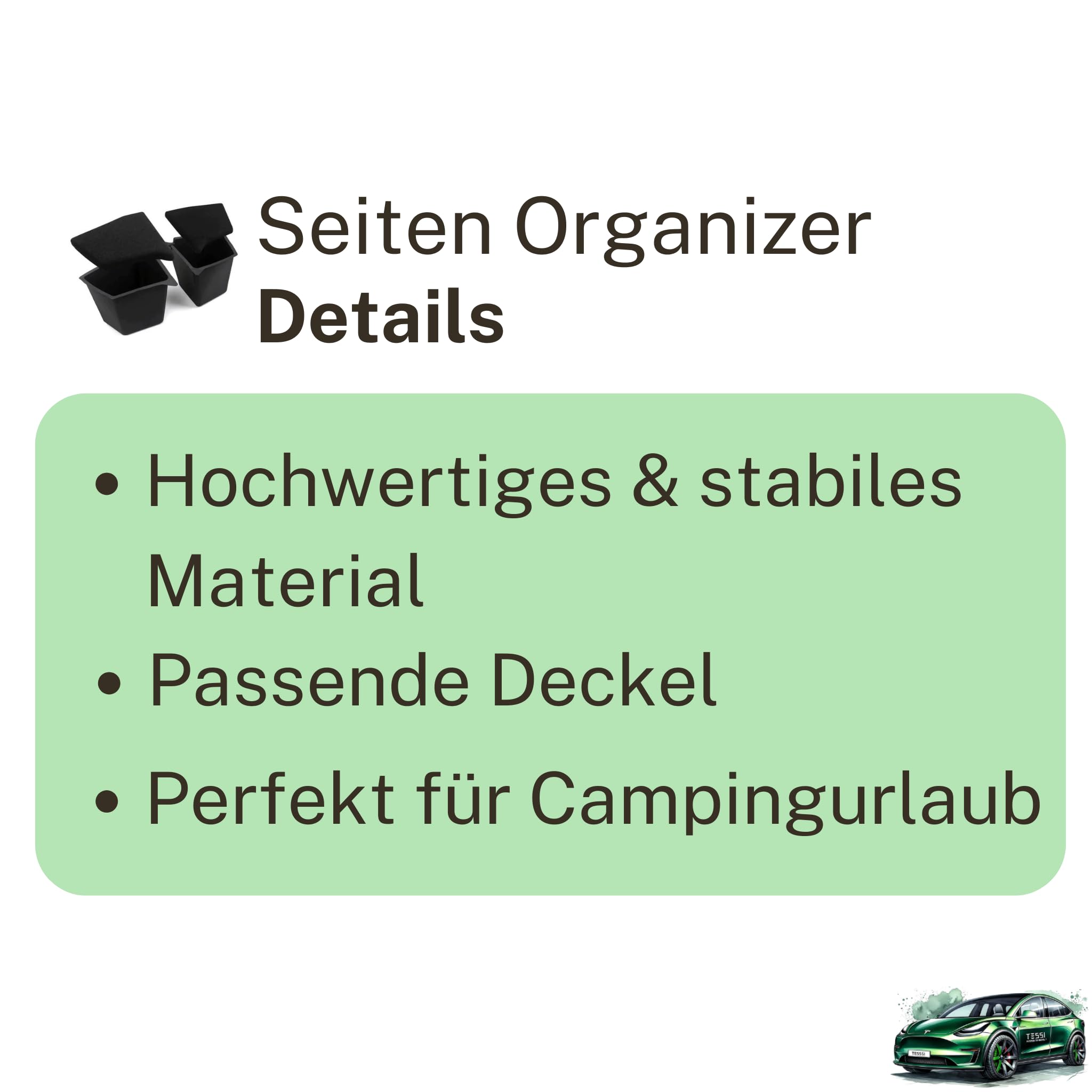 TESSI Trunk Seiten Organizer passend für das Tesla Model Y (Giga Berlin) - Mehr Stauraum - Ideal für Camping & für kleine Gegenstände - Für Model Y entwickelt - 2 Deckel zum schließen der Fächer