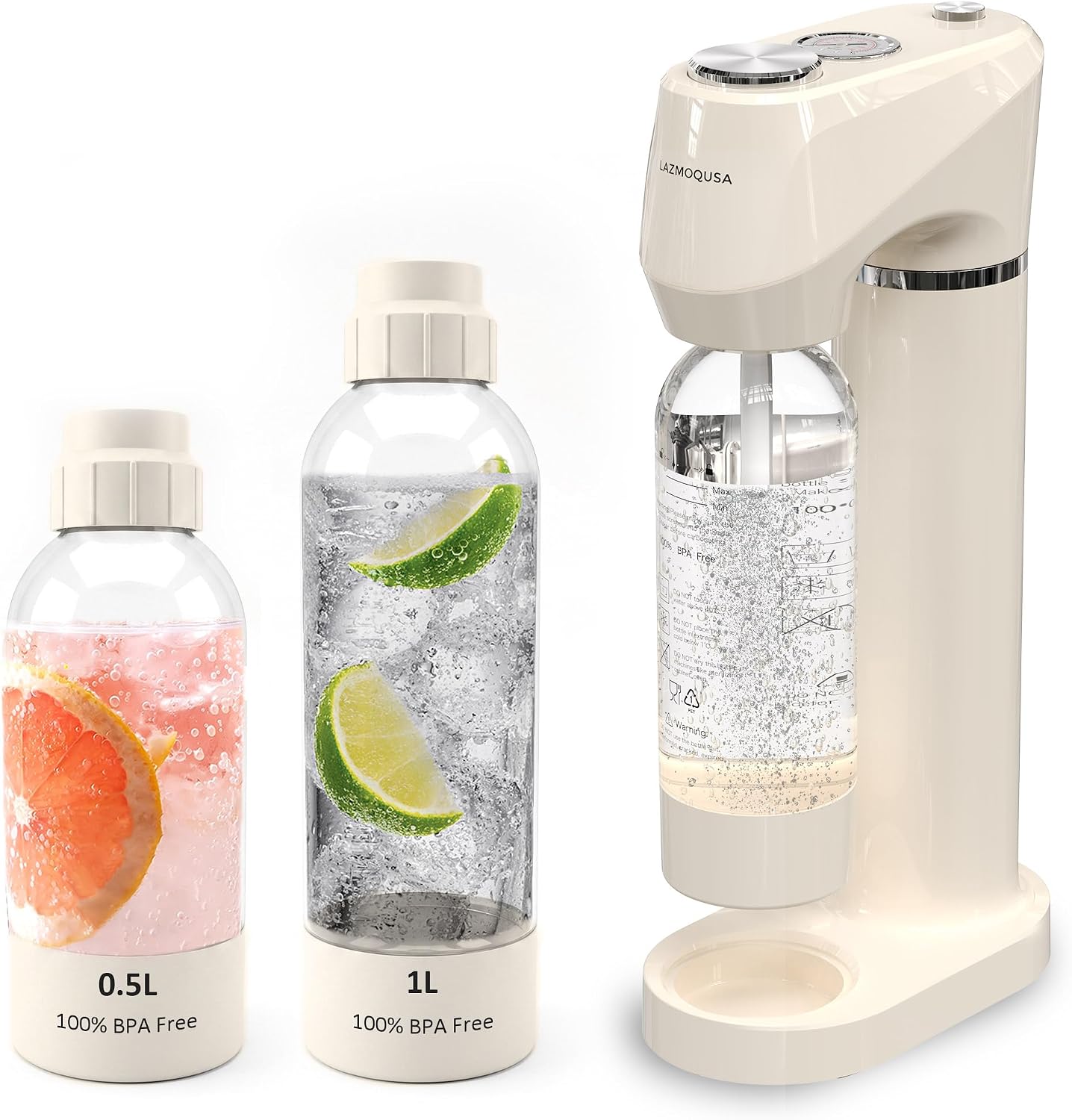 Sparkling Water & Soda Maker with 2 BPA-Free Carbonating Bottles (1L + 0.5L), Home Carbonated Seltzer Machine (60L CO2 Cylinder Not Included), White