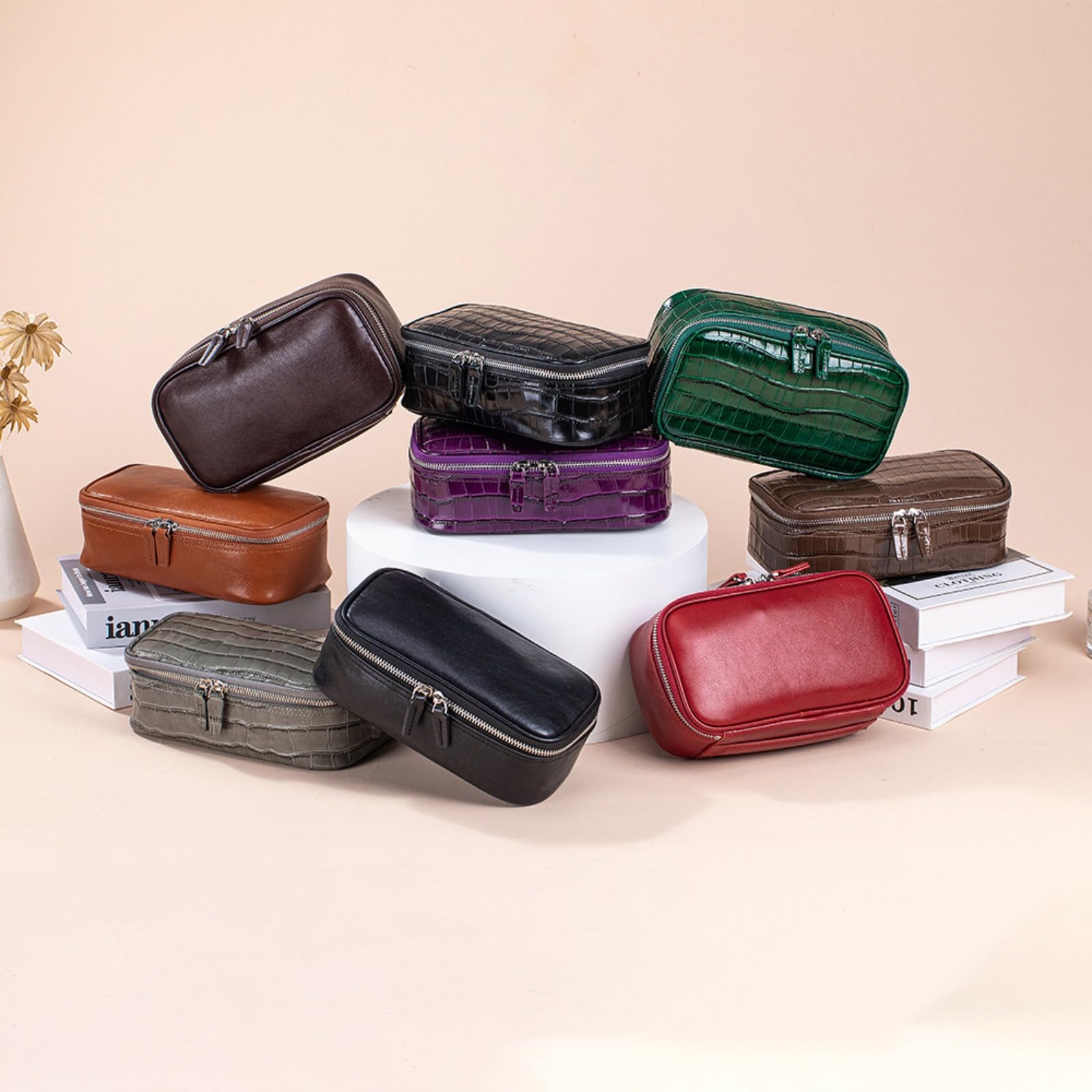 Beauty case da donna in vera pelle, con stampa a coccodrillo, grande capacità, portatile, con cerniera, impermeabile, per uso quotidiano e in viaggio, Nero , Custodia da viaggio per pennelli da trucco