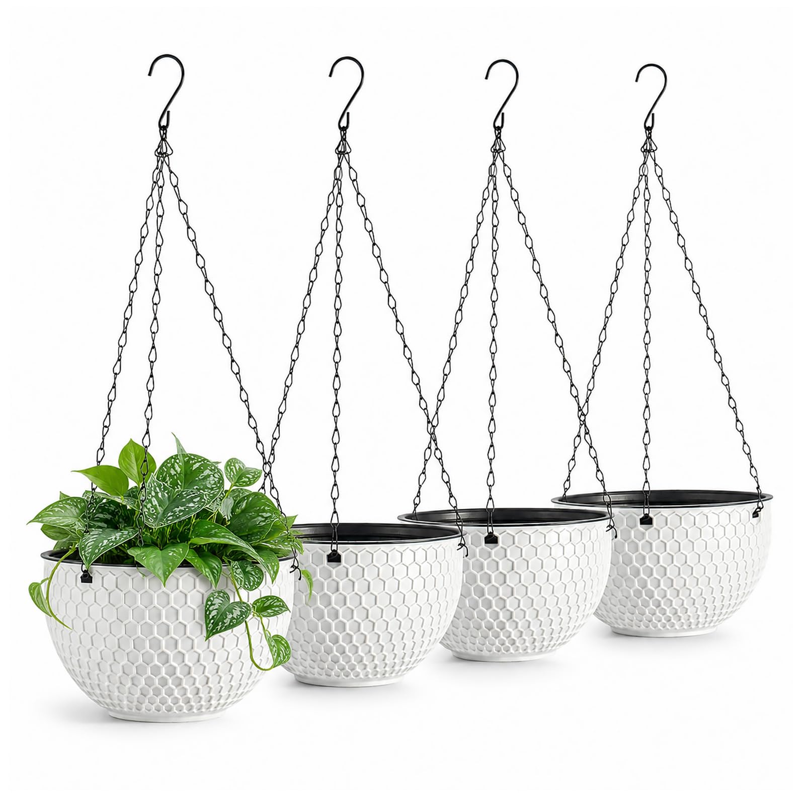 BLOMZA 4 Pack Hanging Basket Planters, Plastic Flower Pots with Drainage for Garden (White)