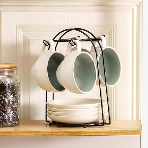 Miniatura 5 de SIDUCAL Juego de 4 tazas apilables de cerámica para capuchino de 8 onzas con platillos y soporte para tazas, aptos para microondas y lavavajillas,