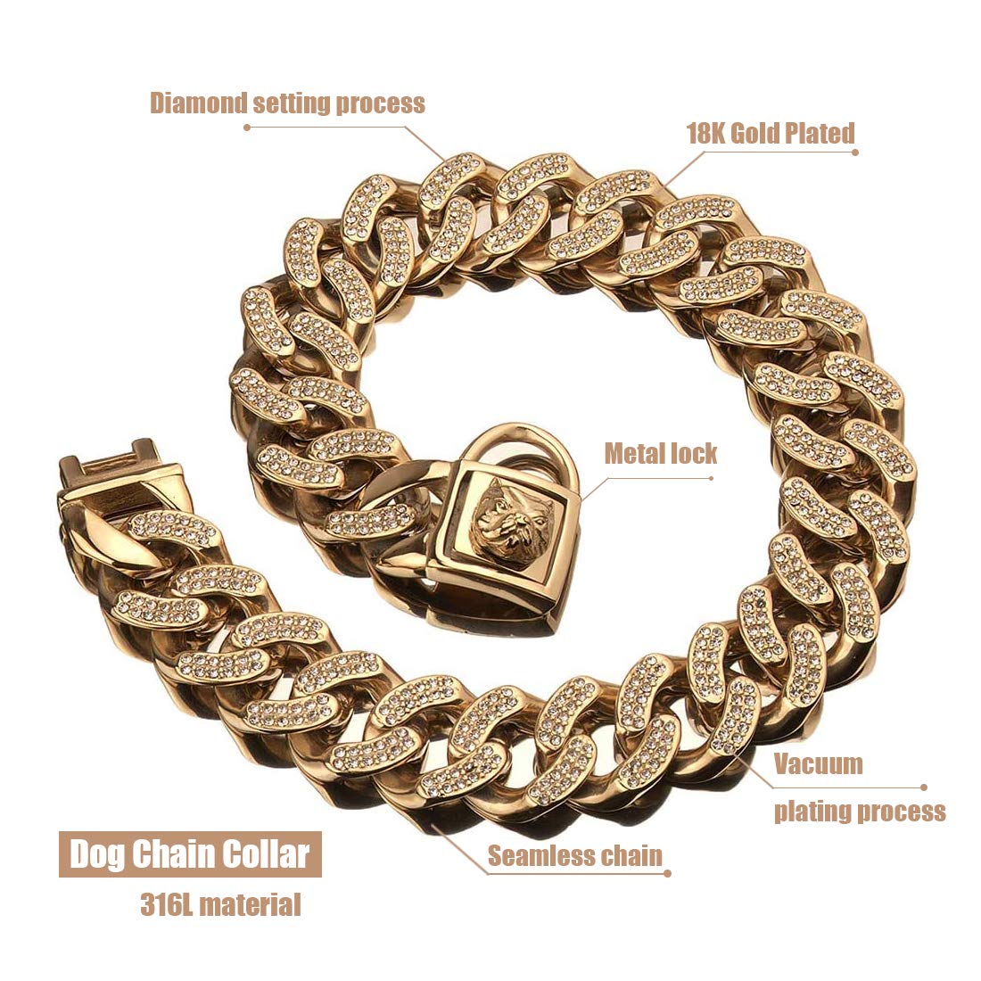 32MM Collar de Perro de Acero Inoxidable,Collar Perro,Oro Collar Perro,Collar Adiestramiento Perro,con Cierre Seguridad,para Perros Grandes/Medianos 20inch/51cm
