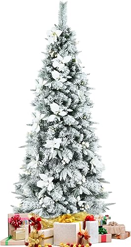 GOFLAME Árbol de Navidad artificial de 6 pies con nieve, nuevo árbol de PVC y PE con 471 puntas de rama, soporte de metal plegable, bayas blancas y