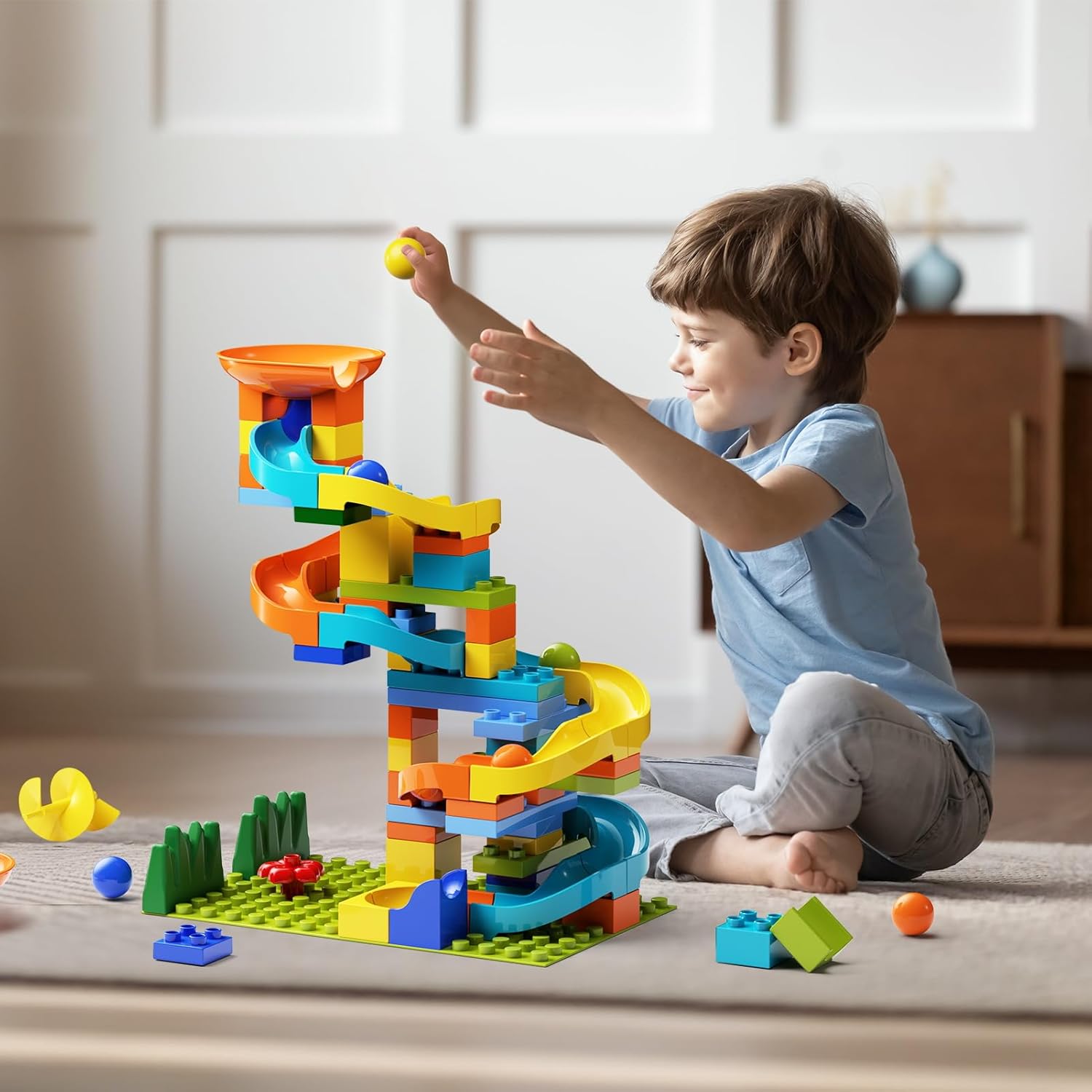 burgkidz Electric Marble Run with Automatic Elevator Lift - STEM Building Toy for Kids Ages 4-8, 102 PCS Construction Set with 10 Marbles & Transparent Track, Compatible with Standard Building Blocks