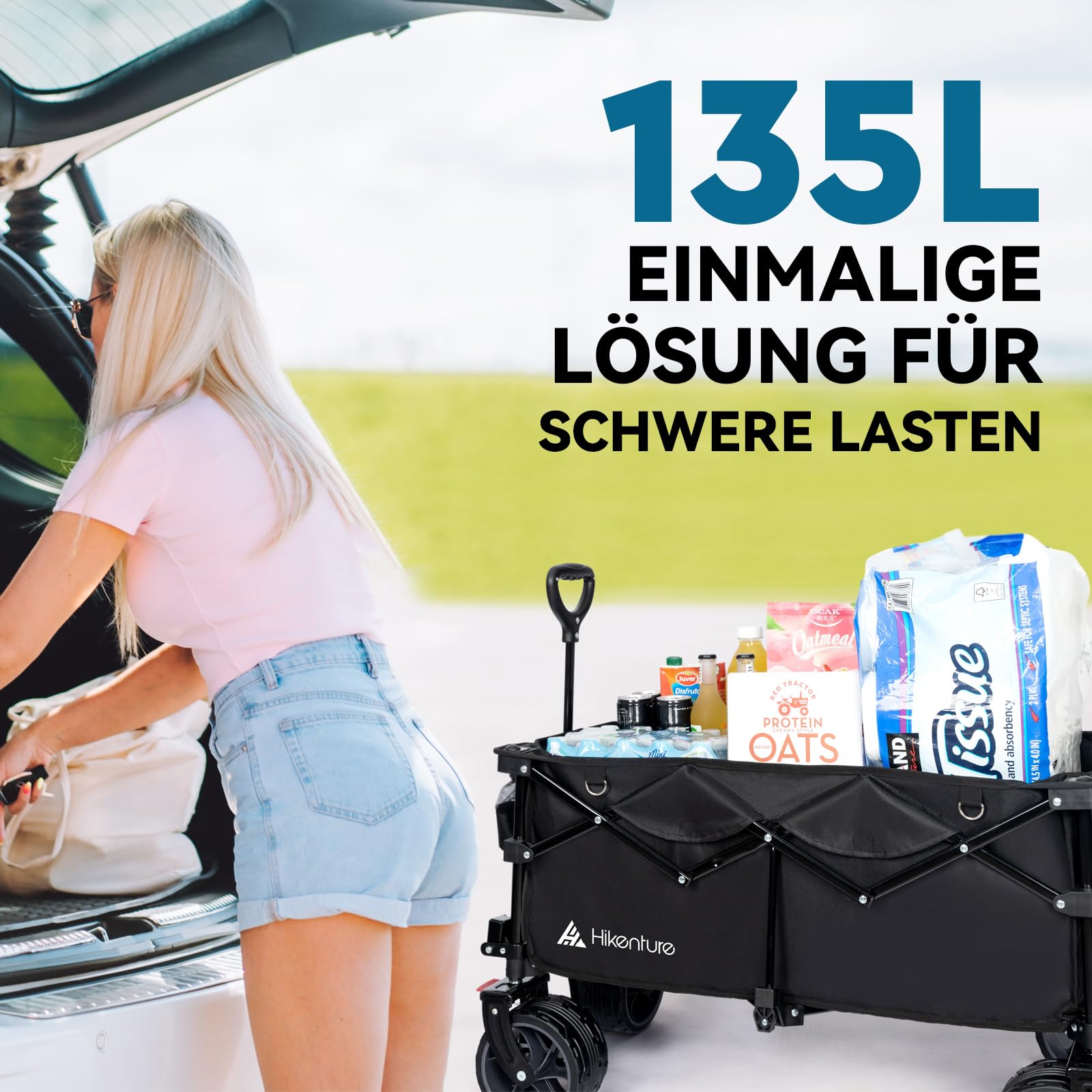 HIKENTURE Bollerwagen Faltbar 135L Faltbarer Bollerwagen - Klappbarer Handwagen für Strand Camping Einkaufen - Faltbollerwagen Handwagen