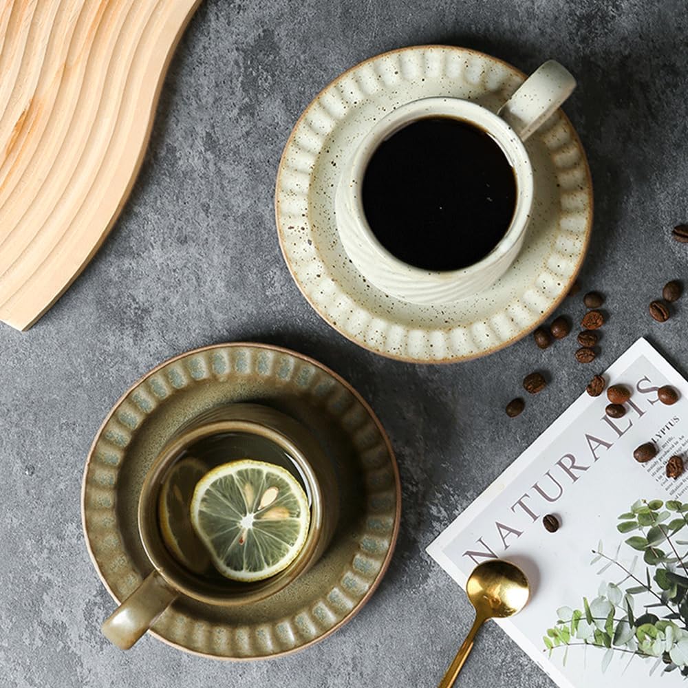 Vintage Ceramic Tea Cup and Saucer Set with Spoon, 10 oz Retro Porcelain Coffee Mug (Washed Apple Green) - Image 7