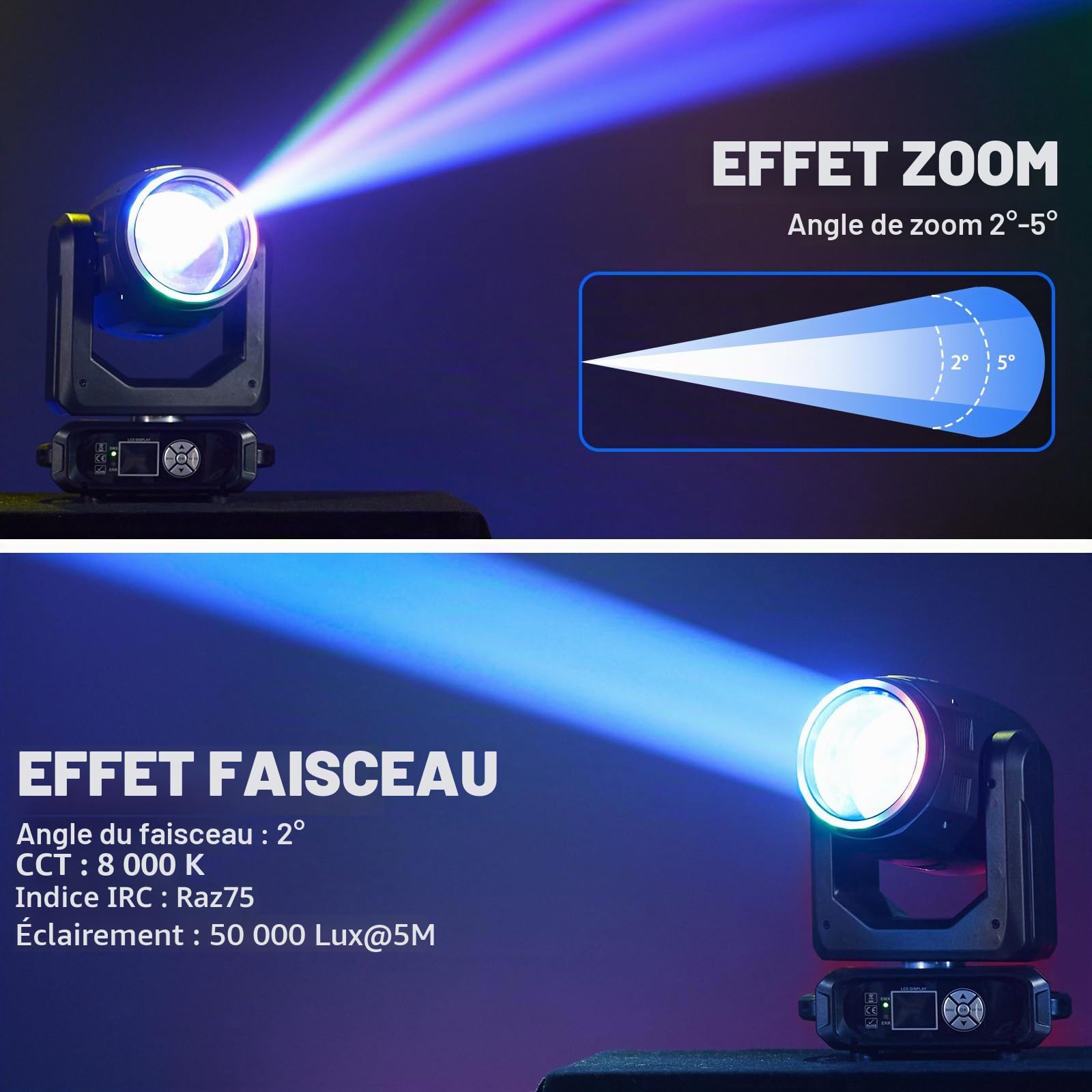 Lyre LED Beam 200W, Zoom Électronique 18 Prismes 11+1 Couleurs et 14+1 Motifs Effet D'atomisation LED RGB d-mx512 (16CH) pour Scène Mariage DJ Fête de Noël