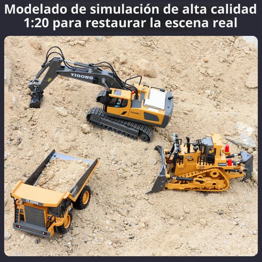 Bulldozer teledirigido juguete para niños a partir de 6 – 12 niños, 9 canales 1/24 RC vehículo de construcción con luz y efectos de sonido