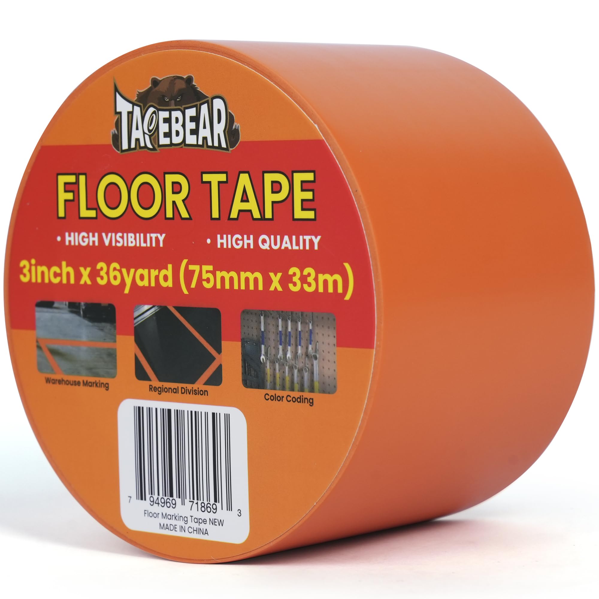 TAPEBEAR Floor Tape Orange Vinyl Tape 3" x 36 yds, Floor Caution Marking Dance Splicing Tape Safety Warning Stripe Abrasion-Proof Waterproof for Gym,