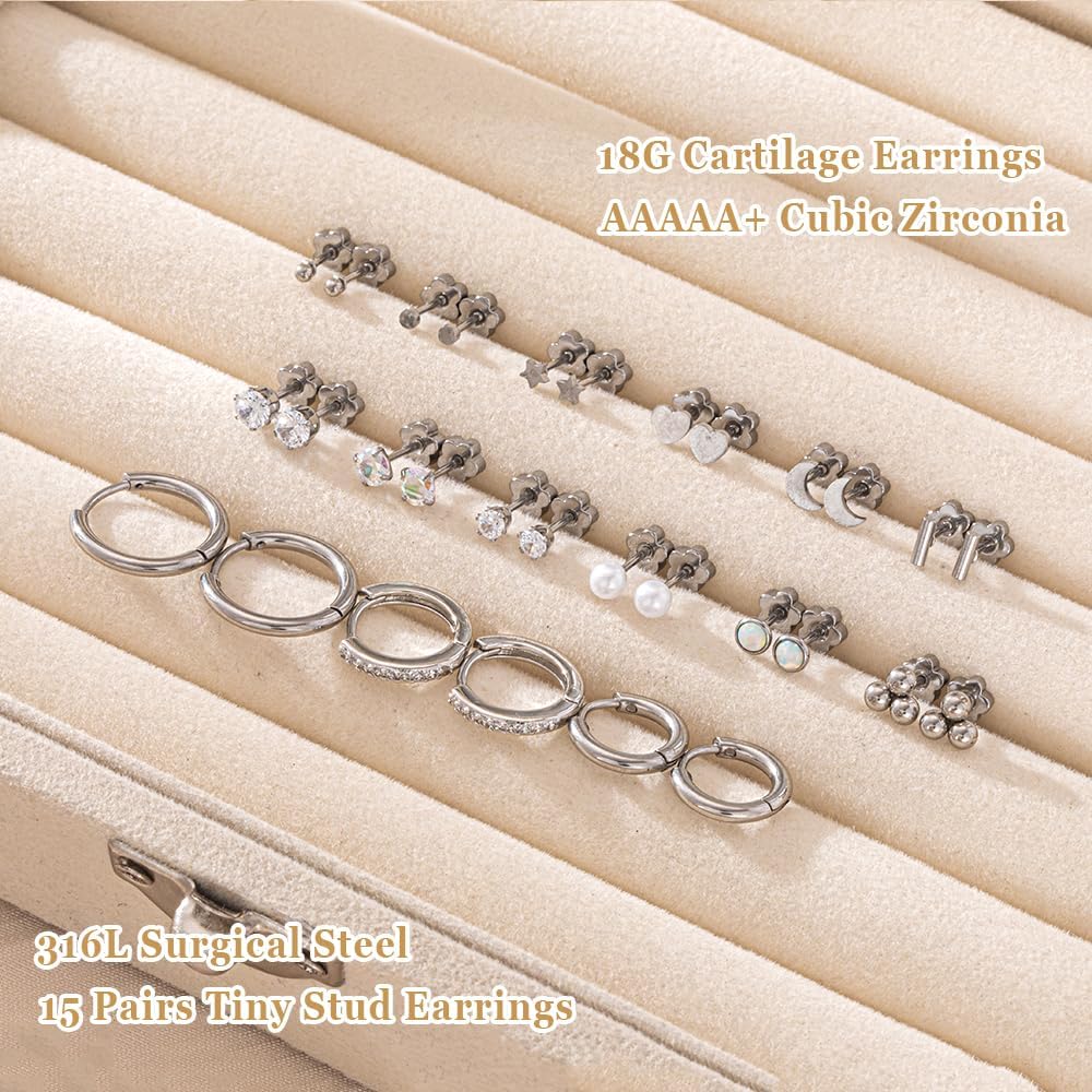 Grace Whisper 15 Pairs Flat Back Stud Earrings For Women Men 14K Gold Plated Hypoallergenic Surgical Steel Flatback Stud Earrings Cartilage Helix Tragus Conch Hoop Earrings Set for Multiple Piercing Jewelry - Image 5