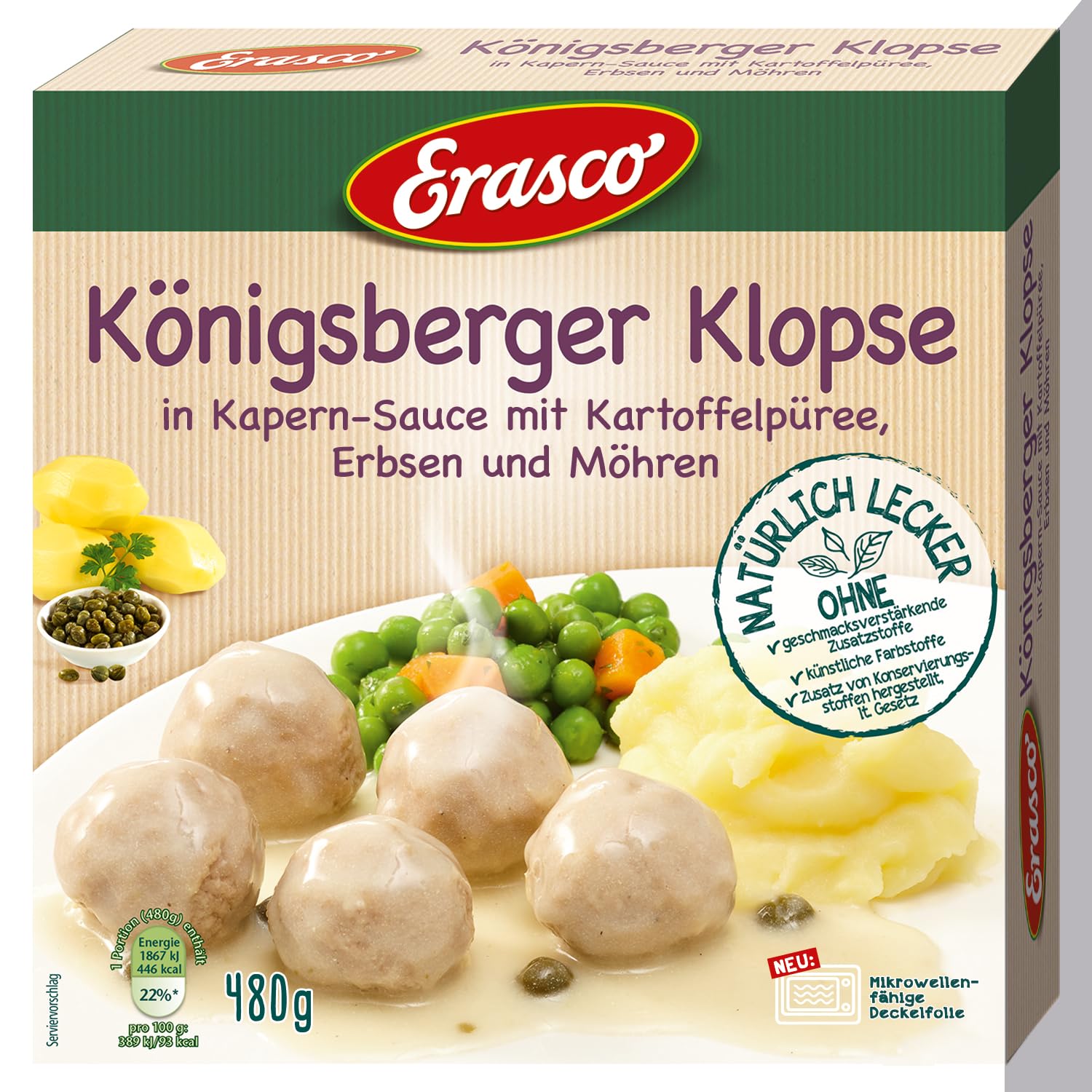Erasco Klopse (480g) - Mit Erbsen & Möhren und Kartoffelpüree - Genuss wie bei Oma - Blitzschnell fertig - Einfach lecker (Packung mit 6)