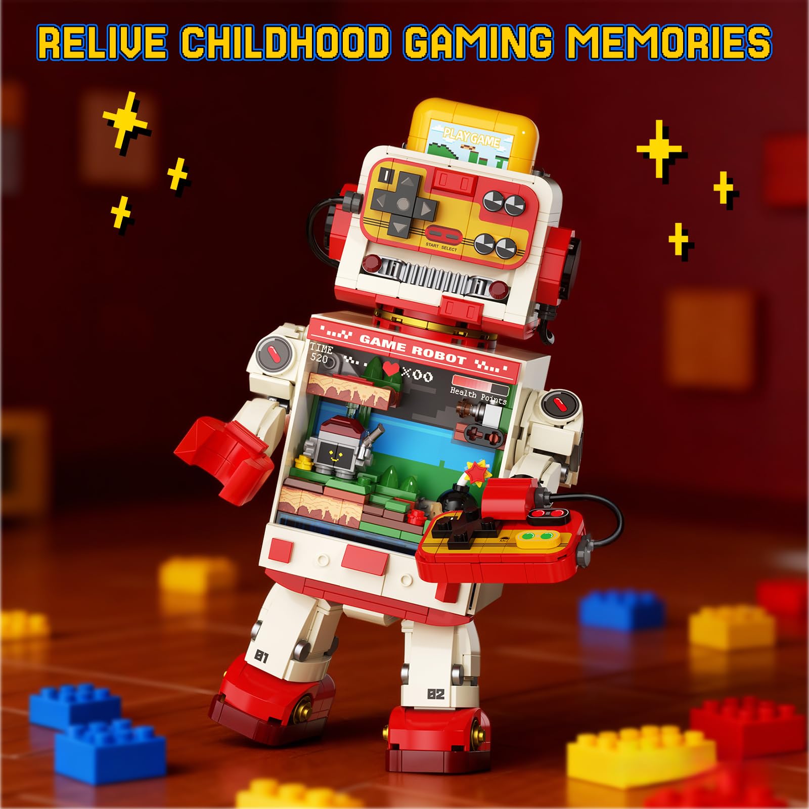 Fantastica idea gioco robot Building Block, giocattoli da costruzione retrò per console di gioco, collezione in stile pixel e display kit modello fai da te, regali creativi per adulti e