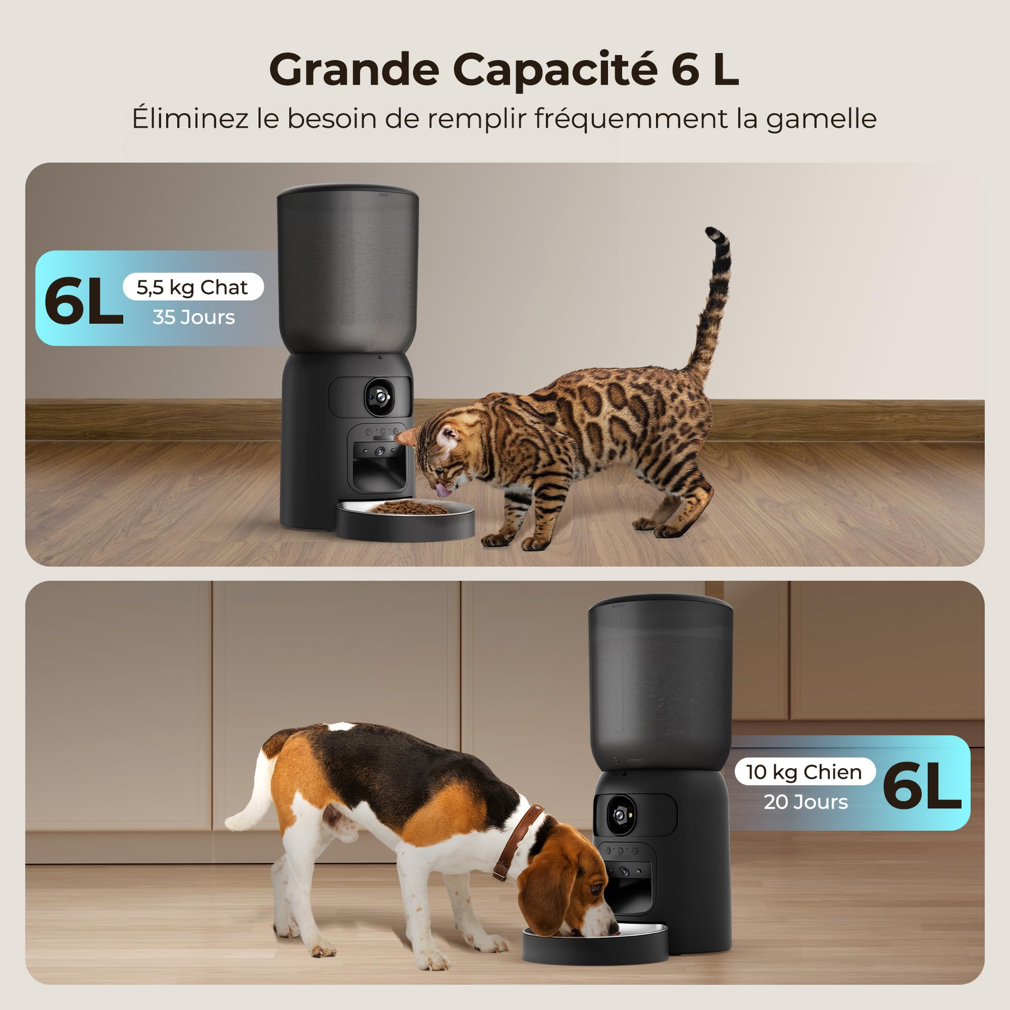 Distributeur Croquettes Chat Automatique, WiFi Caméra, Bol Inoxydable, Programmable & Portionnée, Batterie de Secour - PF4 Noir - Vision Suivi, Mode de Repas Lent