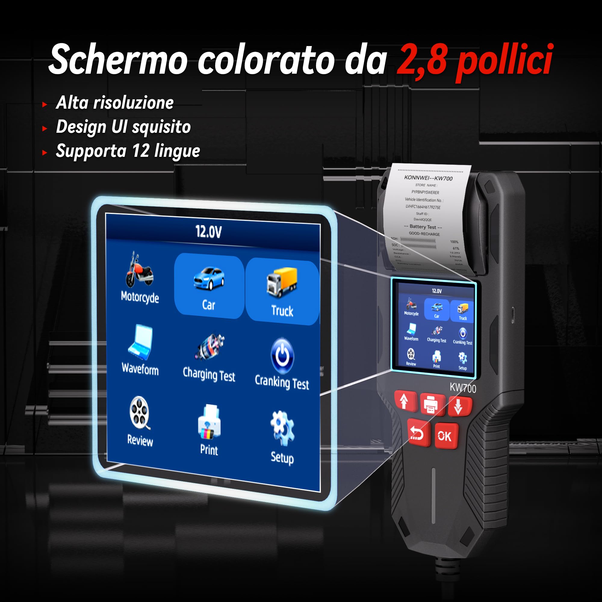 KONNWEI Tester Per Batteria Auto Con Stampante, 12v/24v, Tester Di Carico Della Batteria Automobilistica 10-2000 Cca, Test Di Avviamento E Ricarica, Tester Alternatore Per Auto, Camion(Carta Inclusa)