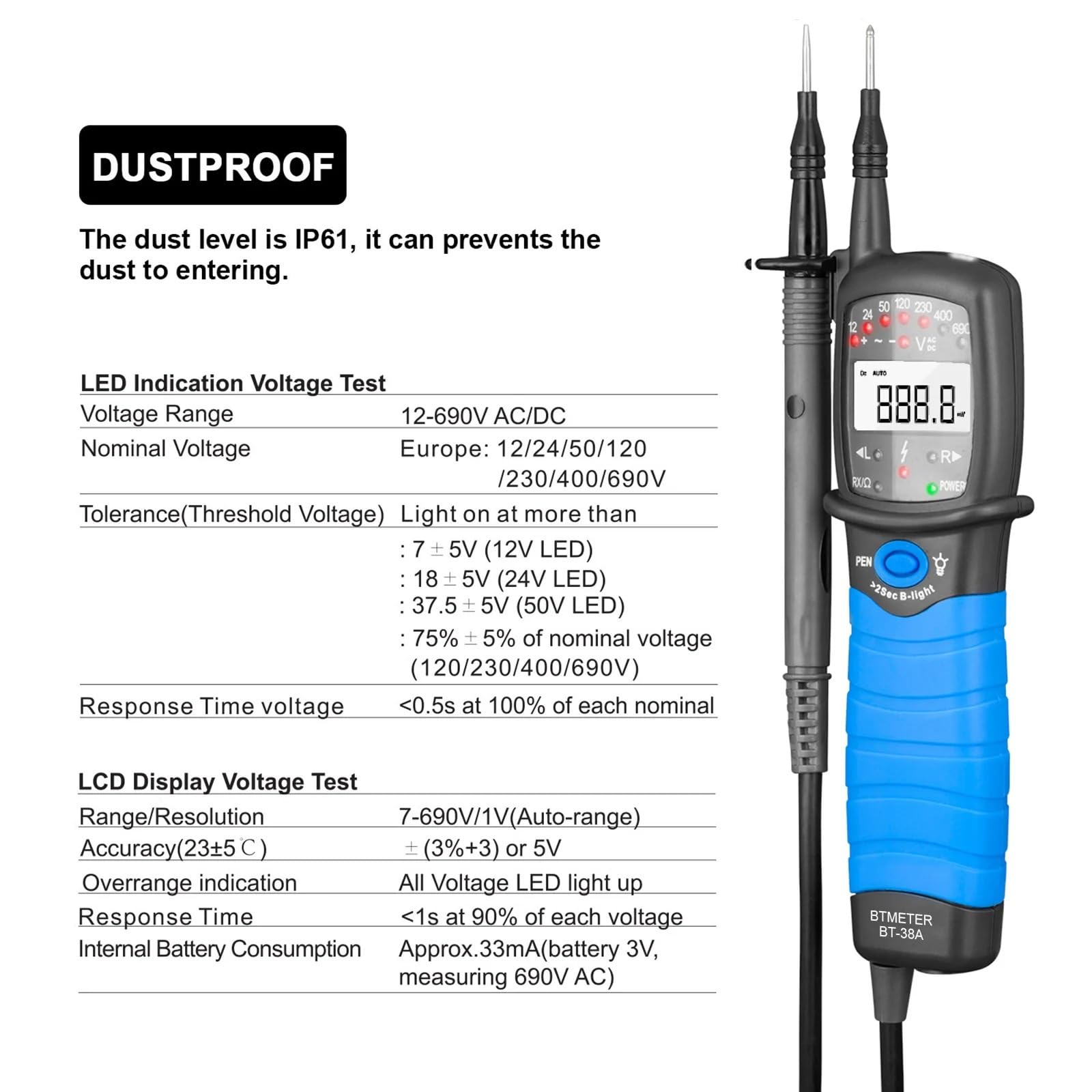Analizzatore di reti elettriche, Tester di tensione 12-690 V Display LED/LCD, Test continuità, CAT III 690 IV 600, Rotazione fase, Spegnimento automatico