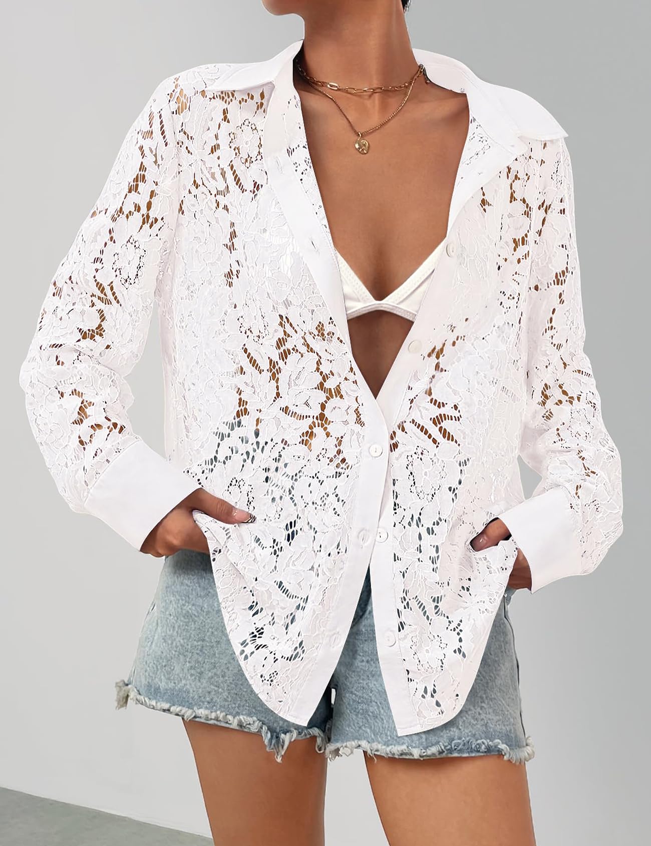 Wyeysyt Pizzo - Camicetta da donna: top a maniche lunghe in pizzo trasparente, elegante camicia elegante, top da donna e camicette