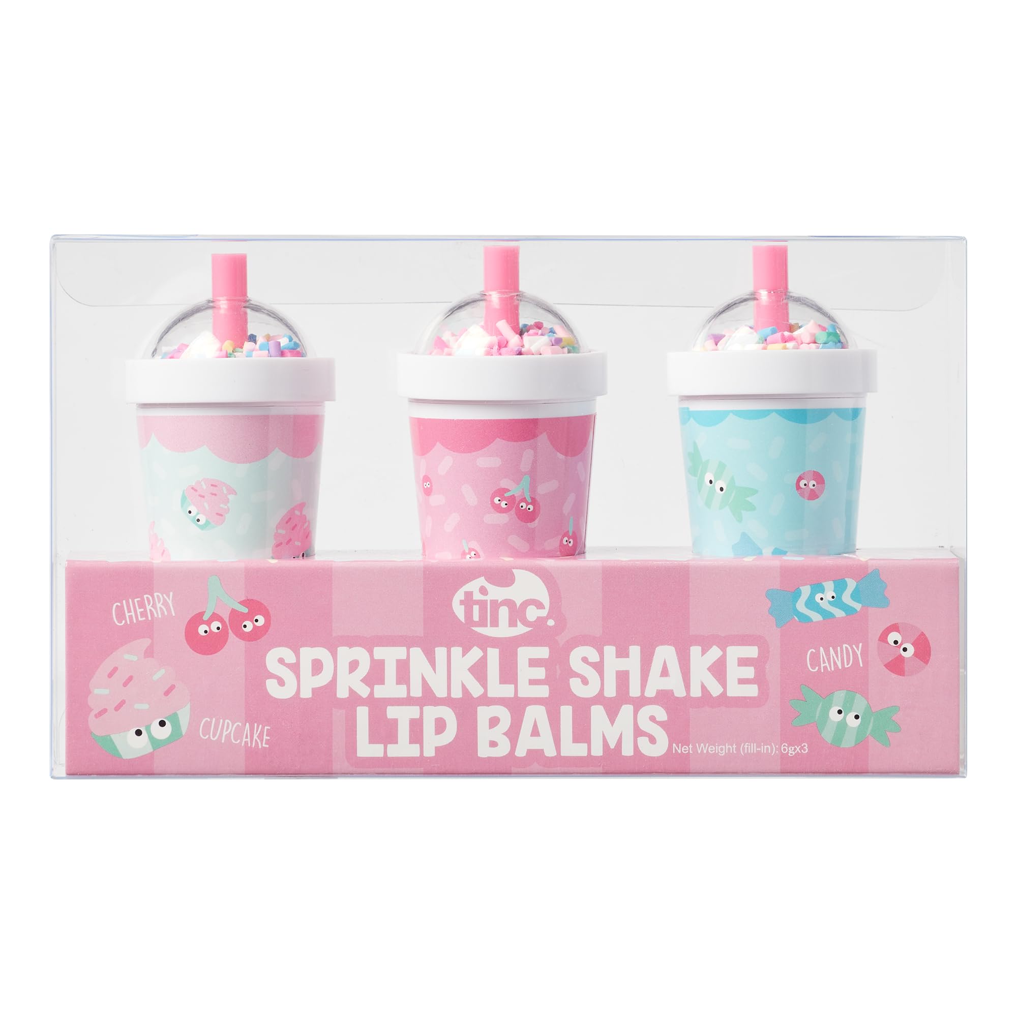 Tinc Sprinkle Shake Lip Balms - Delicious Scents: Cherry, Cupcake and Candy - Keeps Lips Moist - Gift Idea - 3 in Pack