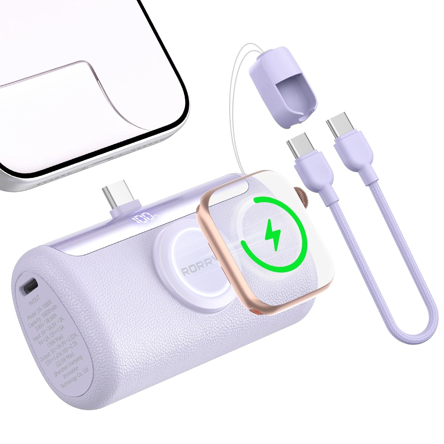 RORRY PalmGo Portable Charger 10000mAh PD 22 5W Fast Charging Mini Power Bank with Built-in USB C Connector