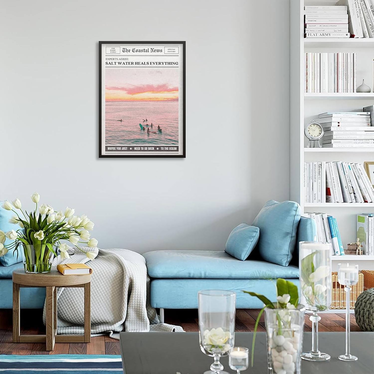 Pink Beach Newspaper Posters Vintage Fashion Coastal Girl Surf Wall Art 12X16 inch Black Framed Grainy Salt Water Heals Everything Canvas Prints for College Dorm Bedroom Wall Decor