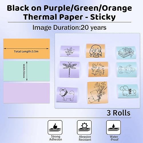 Miniatura 2 de Papel térmico púrpuraverdenaranja, papel de impresora adhesivo de 20 años de 1.76 pulgadas x 1.4 pies para diario, fotos, textos, notas de estudio y