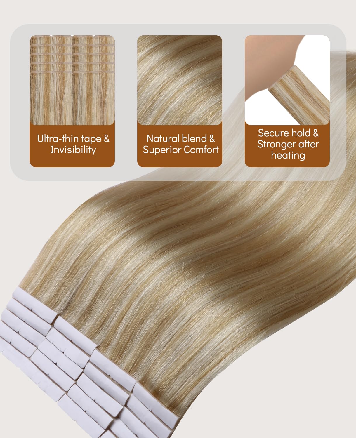VINBAO Extensions Adhésives Cheveux Naturels Invisible 40cm 45g #27P60
